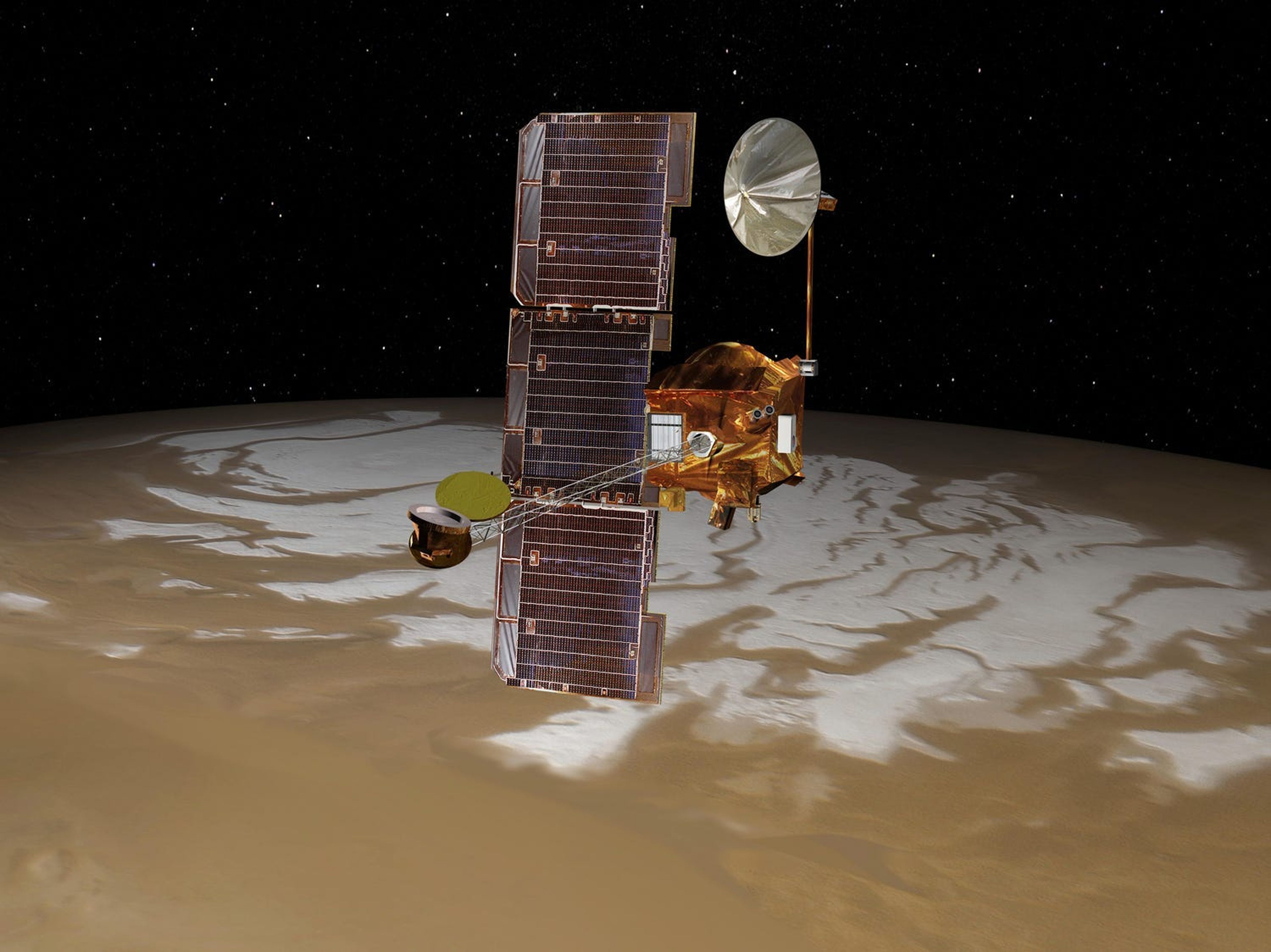 La nave espacial Mars Odyssey de la NASA pasa por encima del polo sur de Marte en esta representación gráfica.