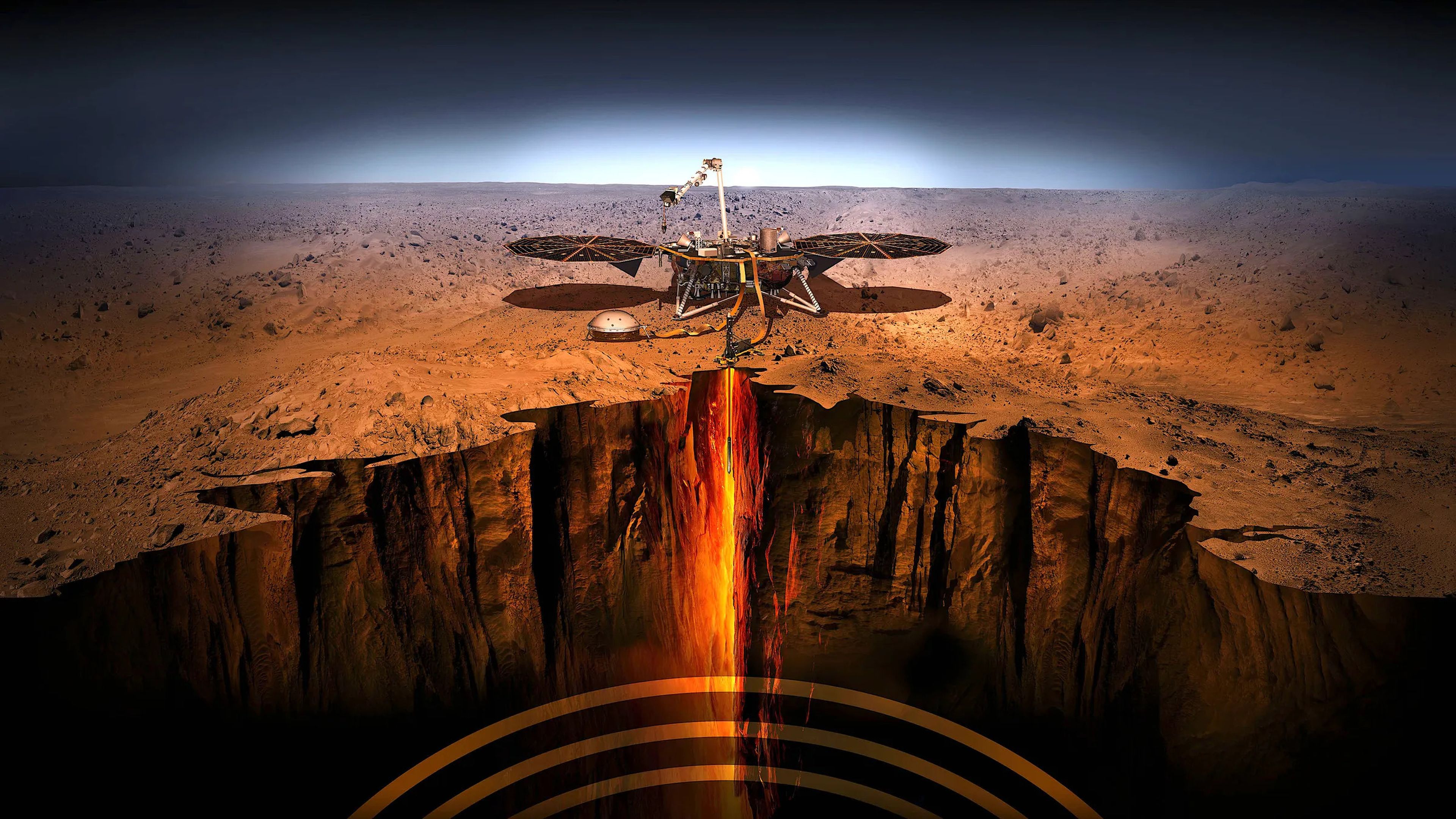 Ilustración de un artista del módulo de aterrizaje InSight en Marte.