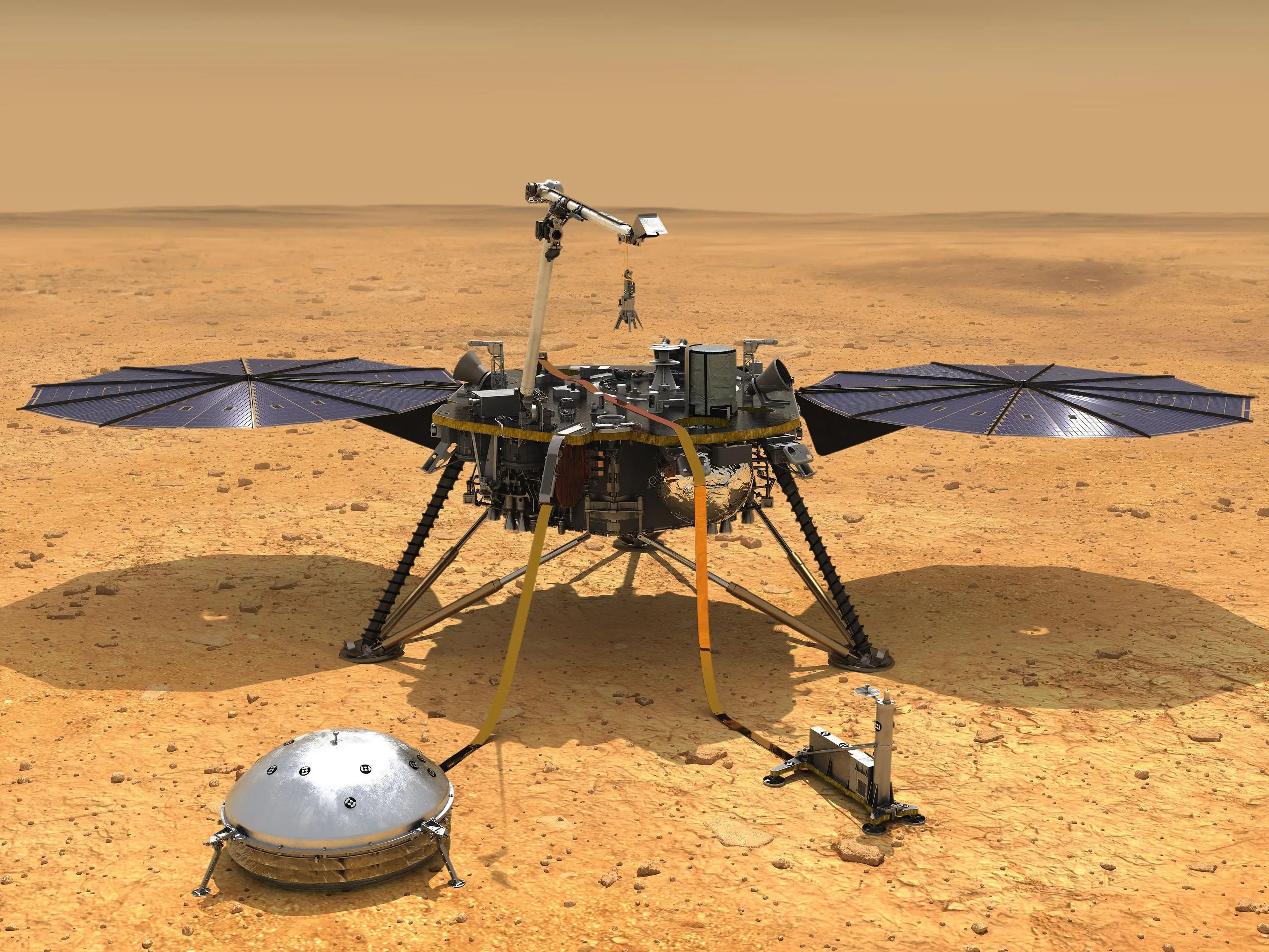 Esta ilustración muestra la nave espacial InSight de la NASA con sus instrumentos desplegados en la superficie marciana.