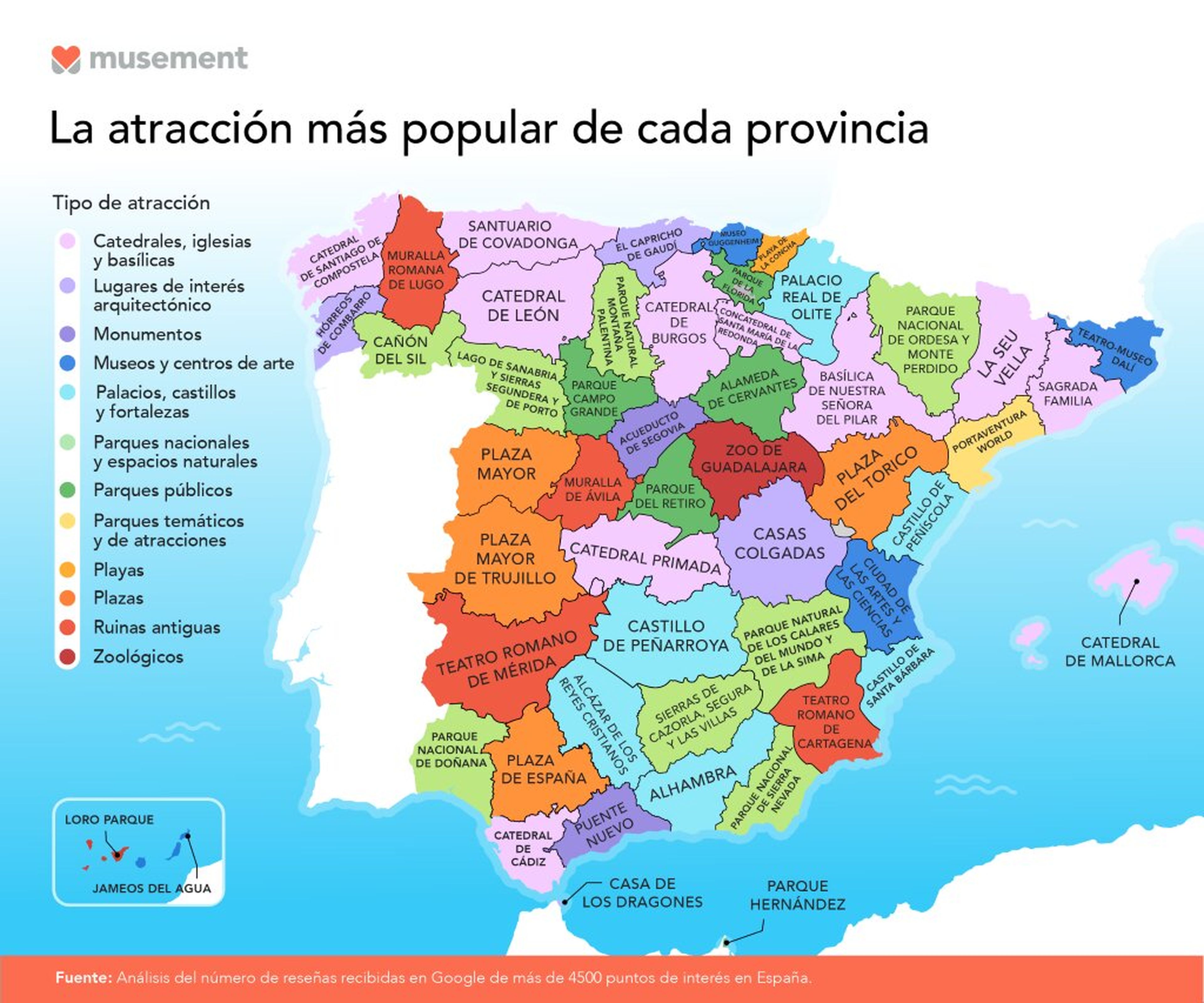 Mapa atracciones más populares de cada provincia española