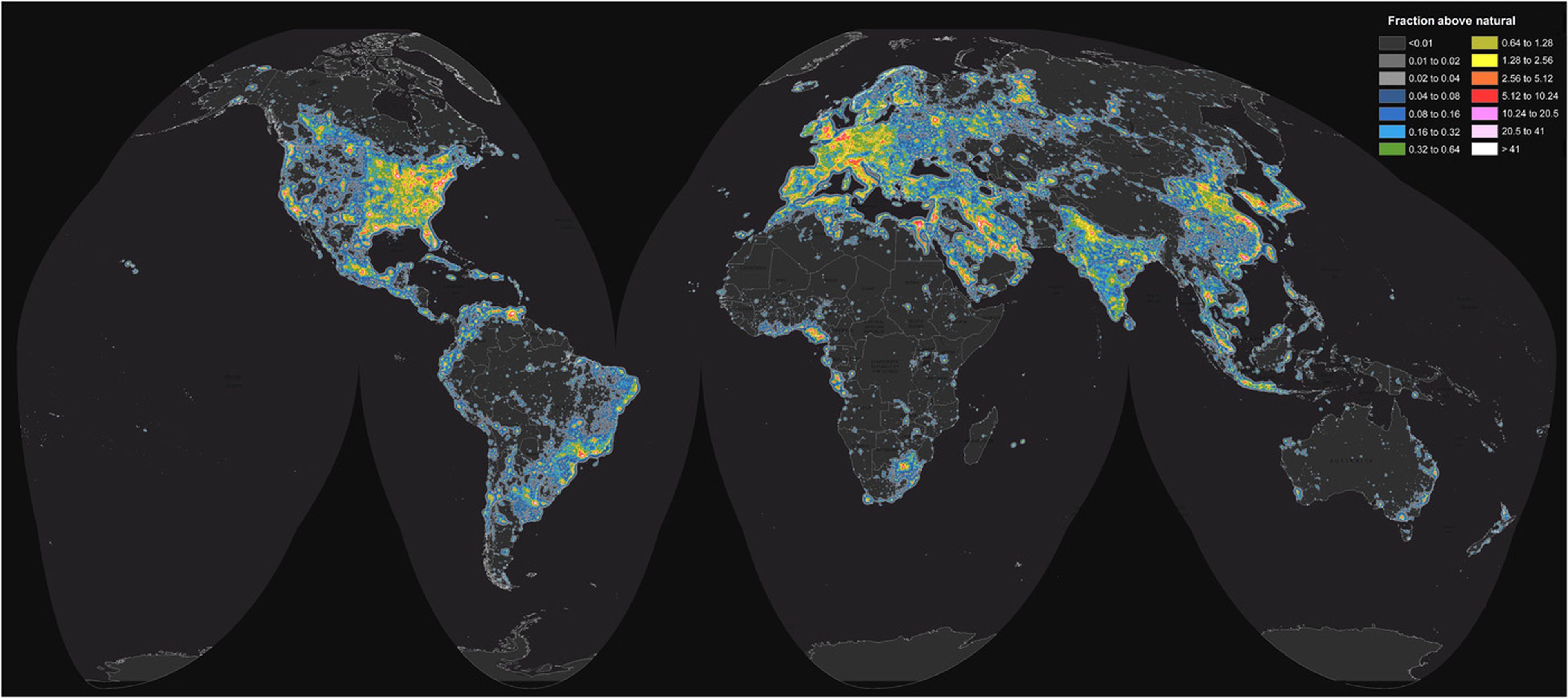 Mapa de la contaminación lumínica mundial.
