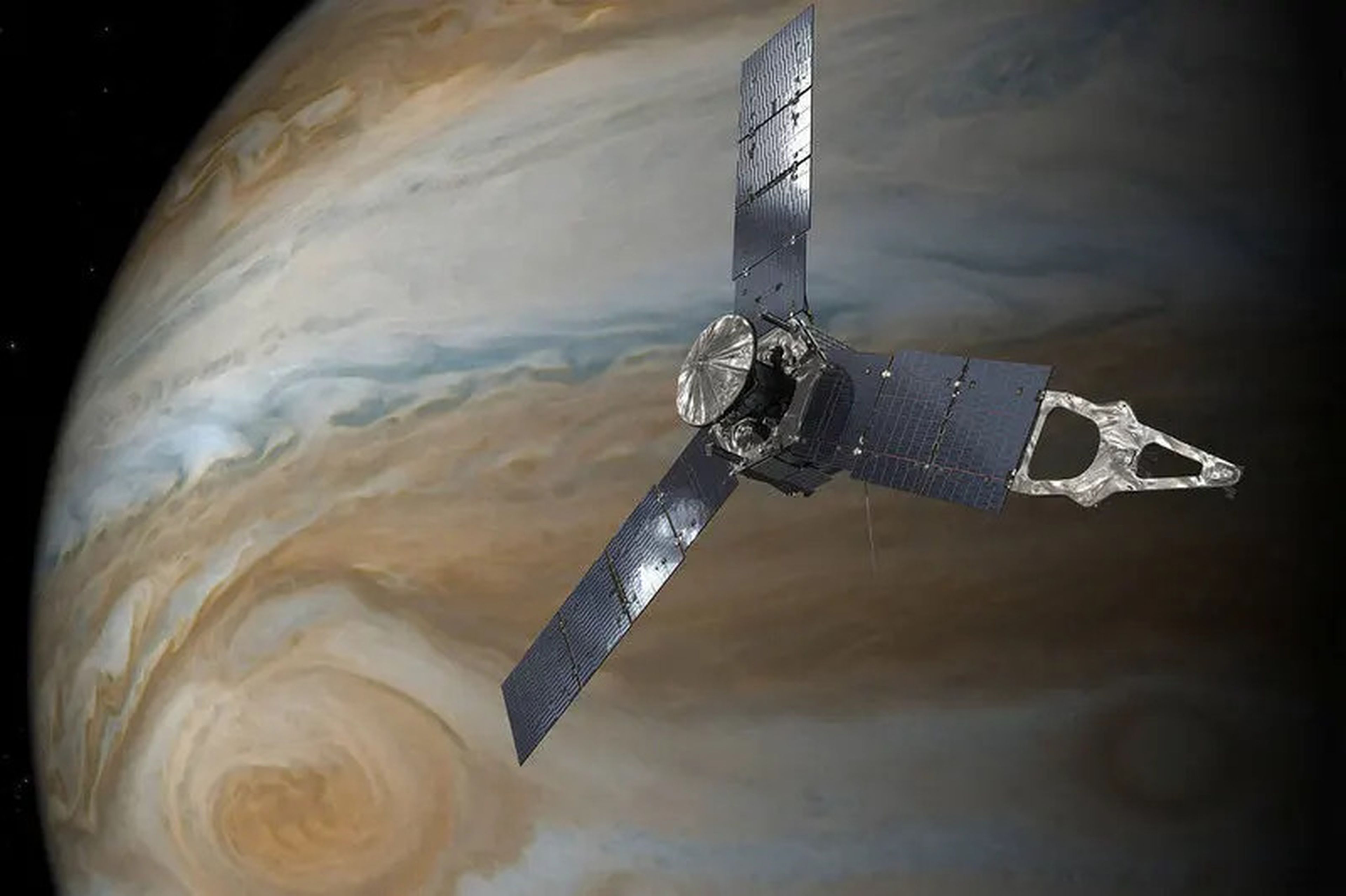 Ilustración de la sonda espacial Juno de la NASA, en órbita alrededor de Júpiter.