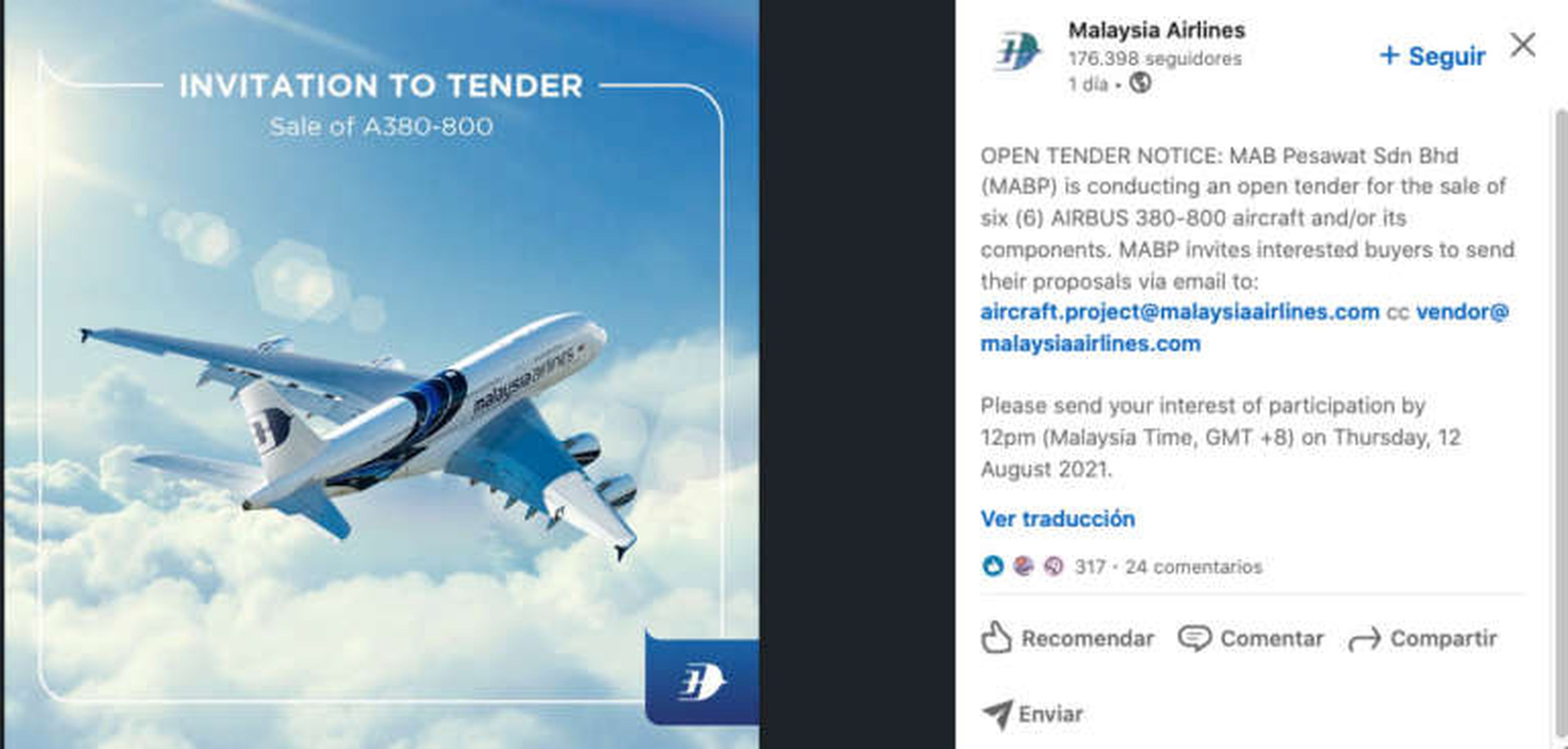 Post de Malaysia Airlines en el que anuncia la venta de su avión.