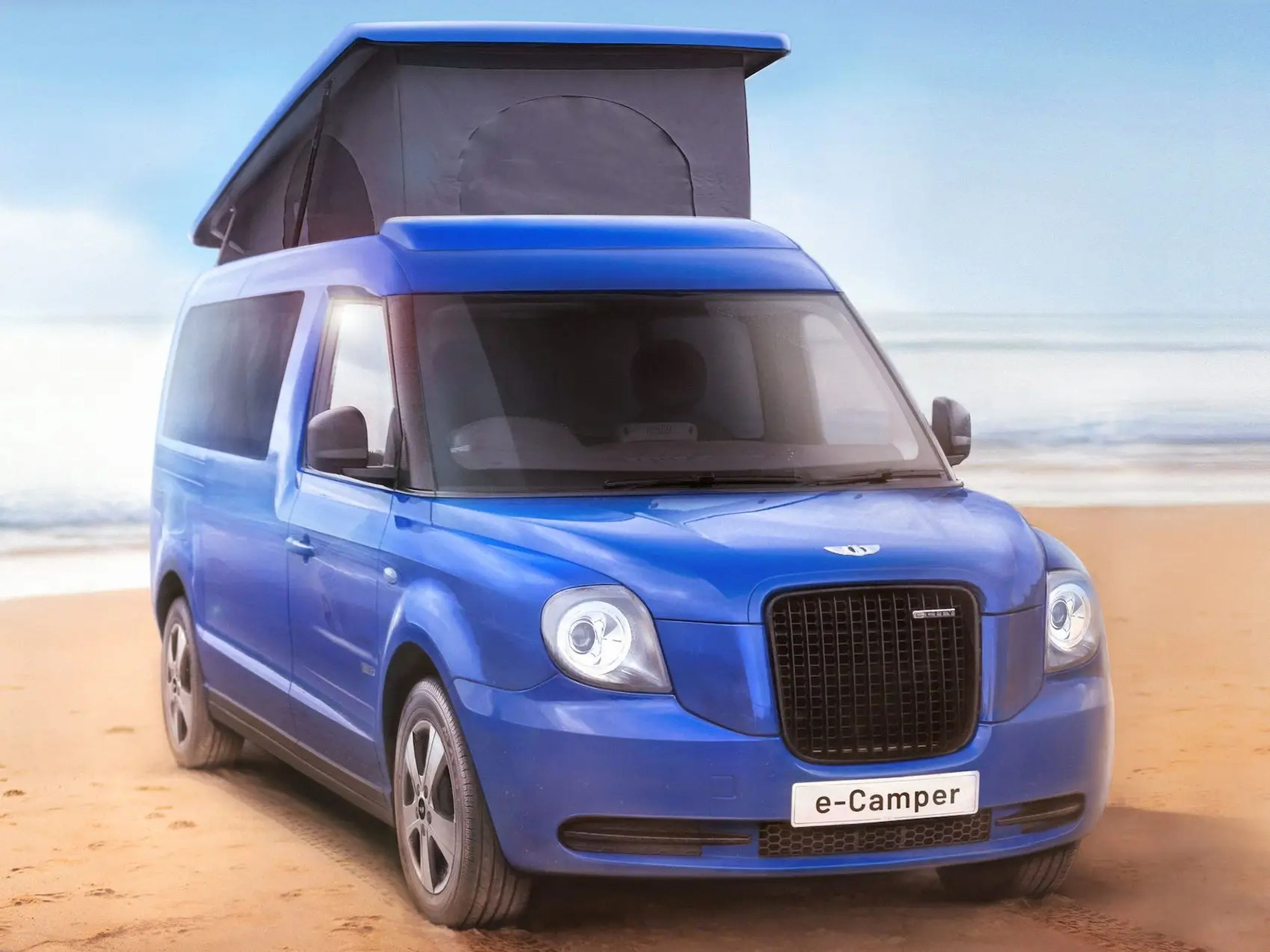 rendering of the e-Camper with its pop-top roof next to surfboarders.