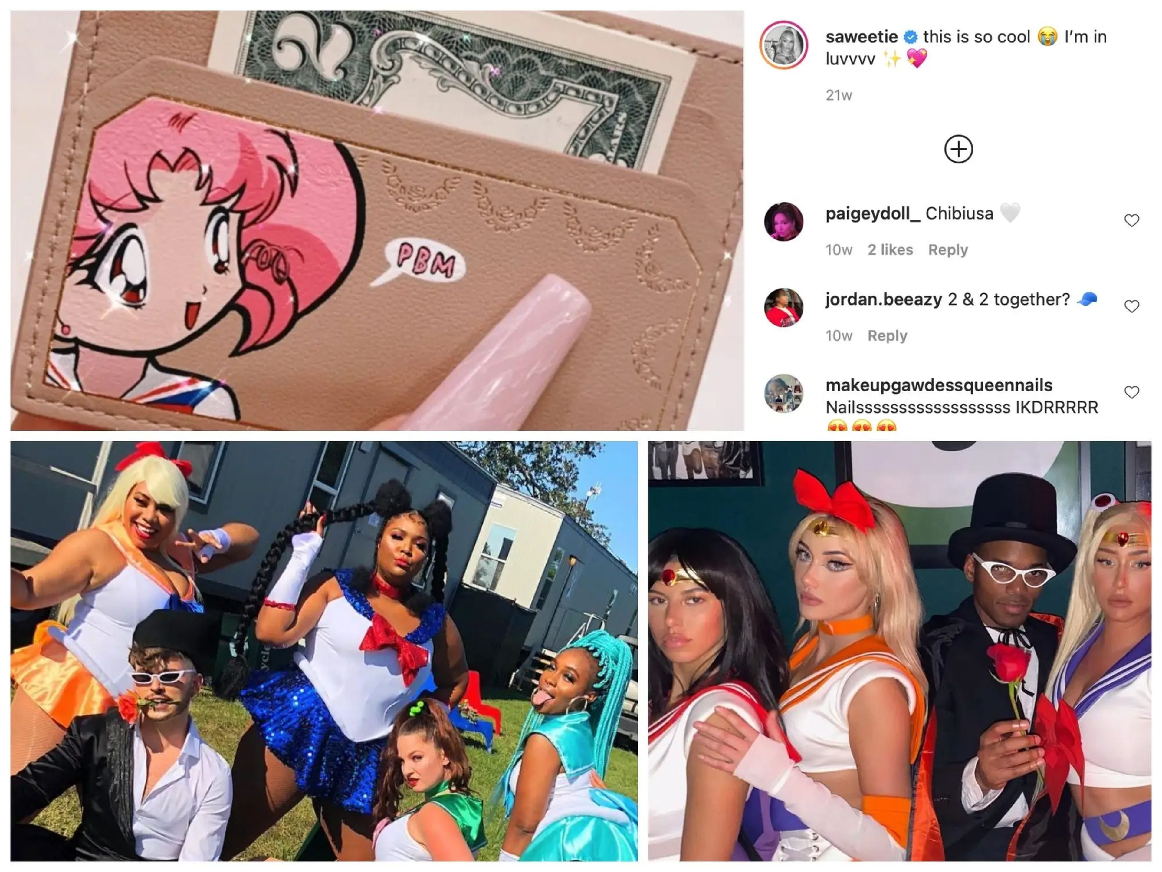 Arriba, la billetera de 'Sailor Moon' de Saweetie. Abajo a la izquierda, Lizzo y amigos haciendo cosplay de la serie. Abajo a la derecha Stassie y amigos también disfrazados de los personajes.