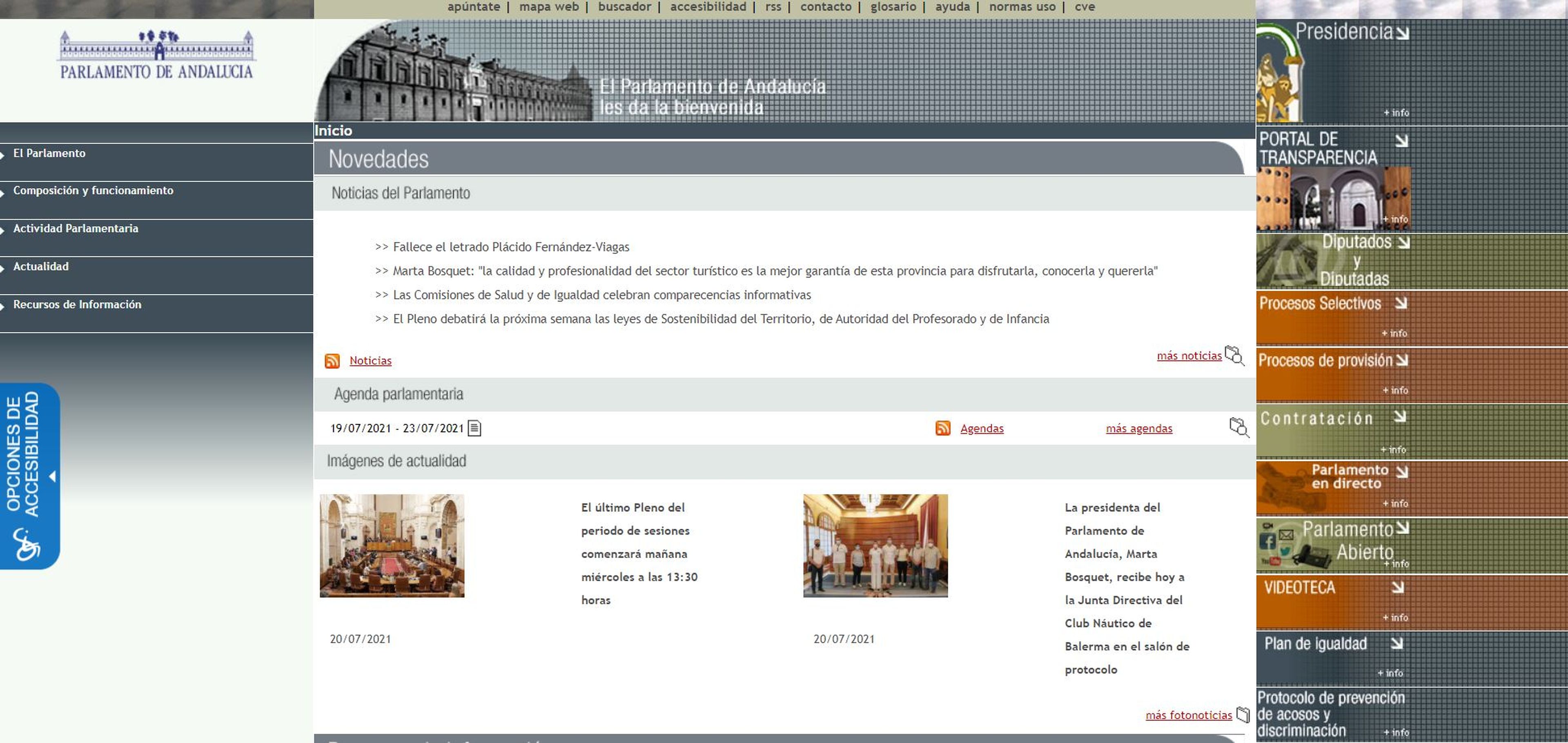 Web del Parlamento de Andalucía.