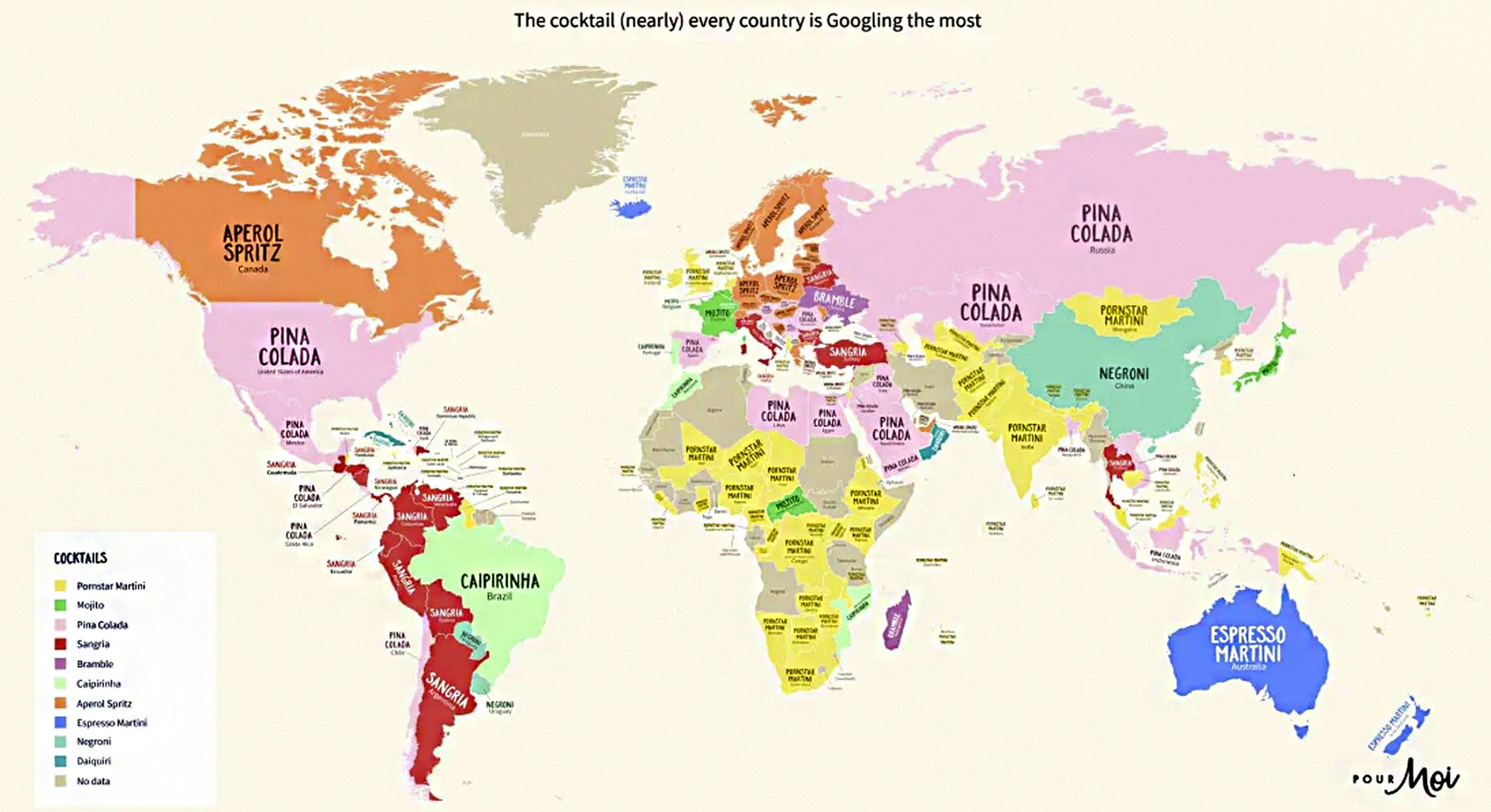 Mapa que muestra el cóctel más popular en cada país