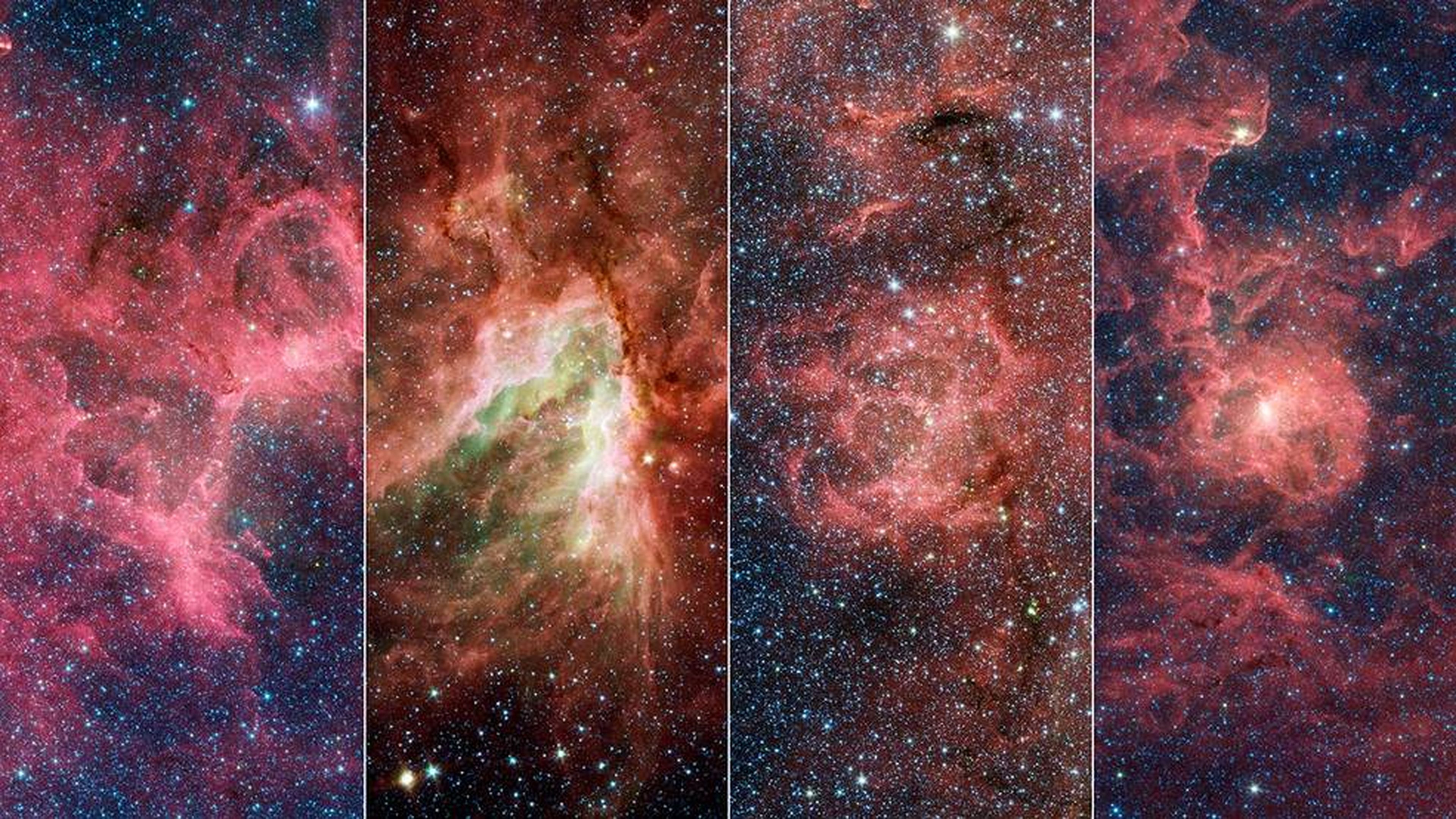 De izquierda a derecha, la Nebulosa del Águila, Omega, Trífida y Laguna, observadas por el telescopio espacial Spitzer, de la NASA.