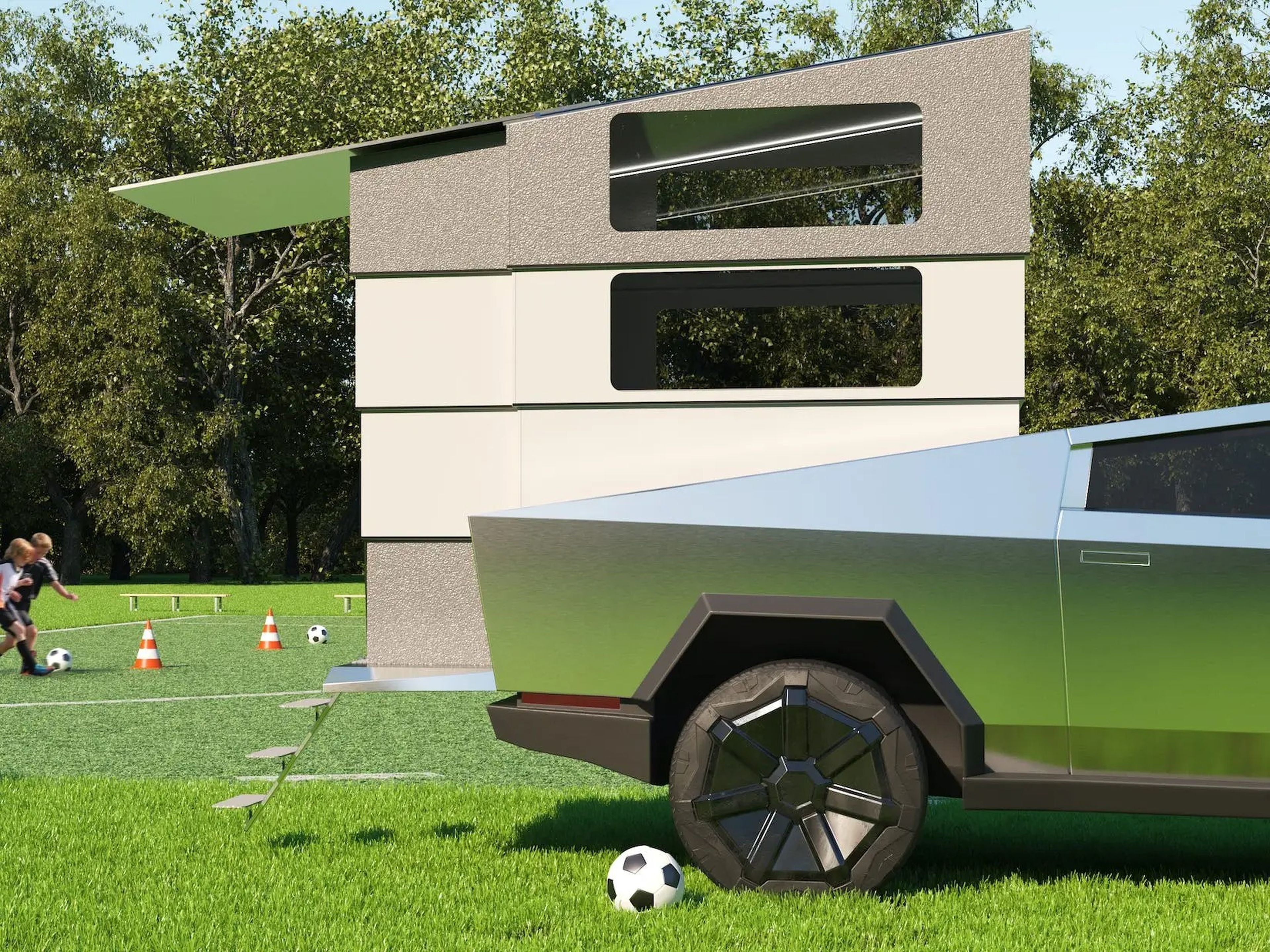 a rendering of the back of the cyberlandr on the cybertruck at a soccer game