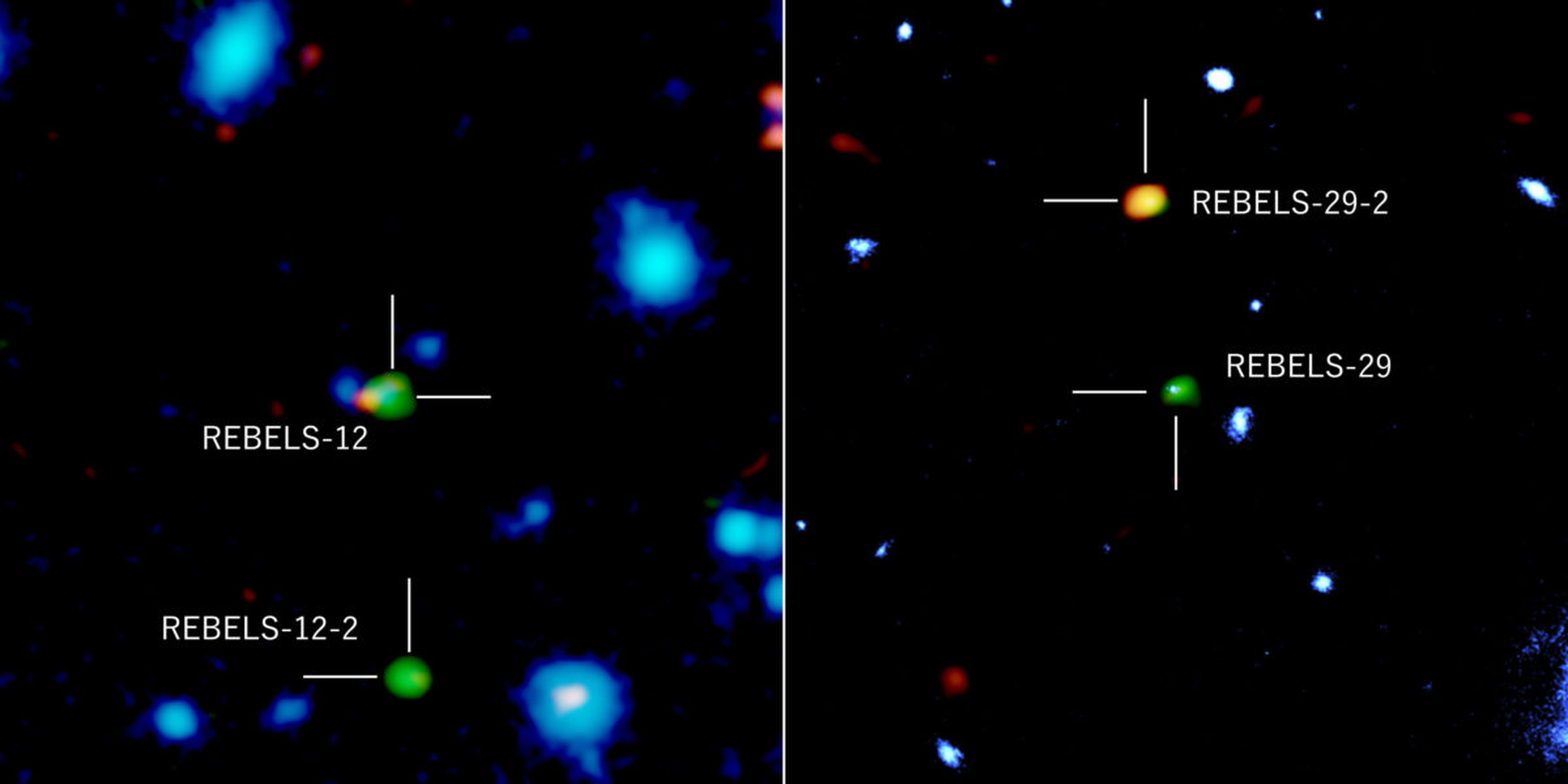 Las 2 galaxias descubiertas: en verde y naranja, radiaciones de átomos de carbono ionizados y polvo, respectivamente; en azul, la radicación de infrarrojo cercano.
