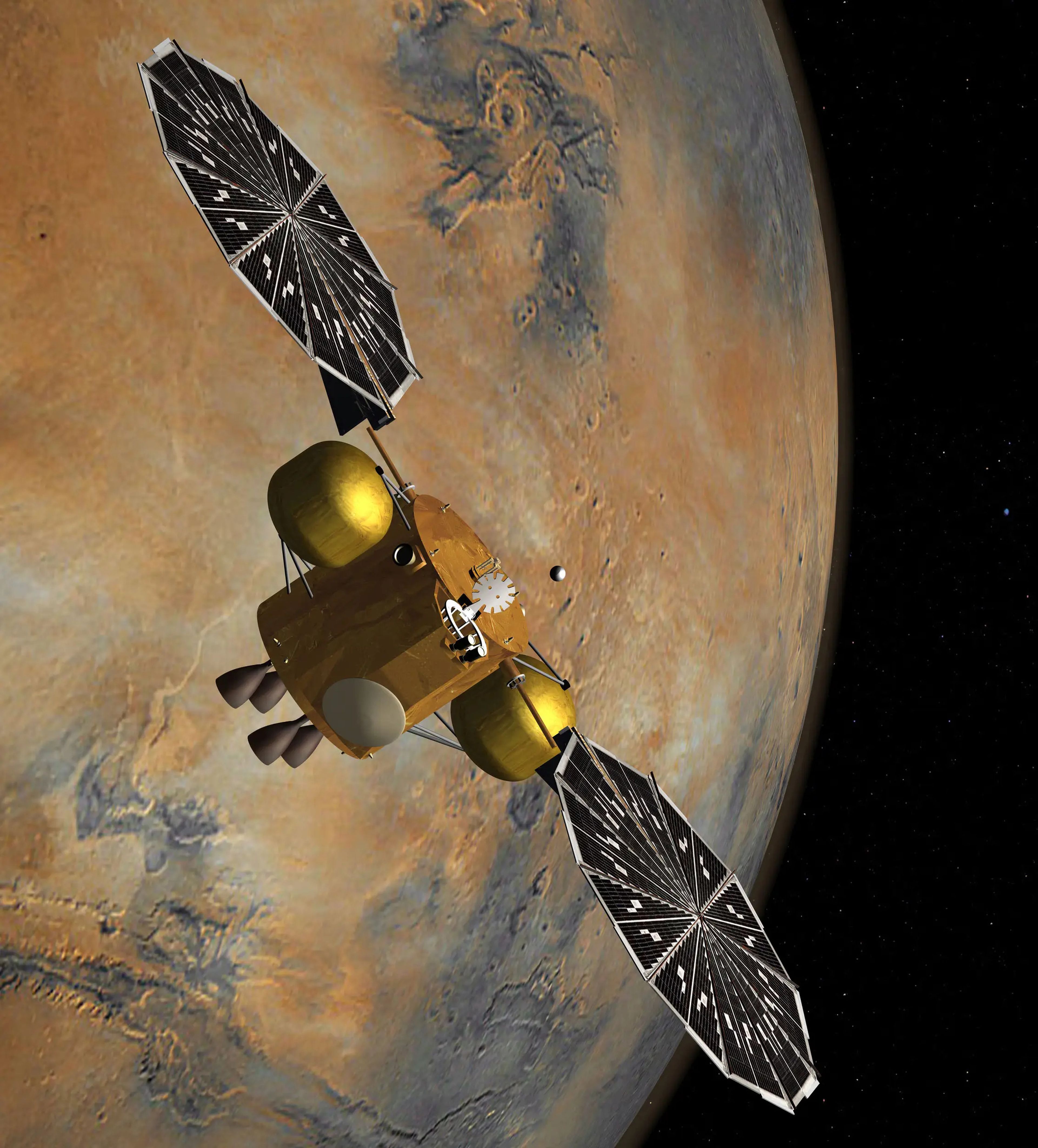 Ilustración de un artista de la misión Mars Sample Return muestra un orbitador capturando un contenedor de muestra.