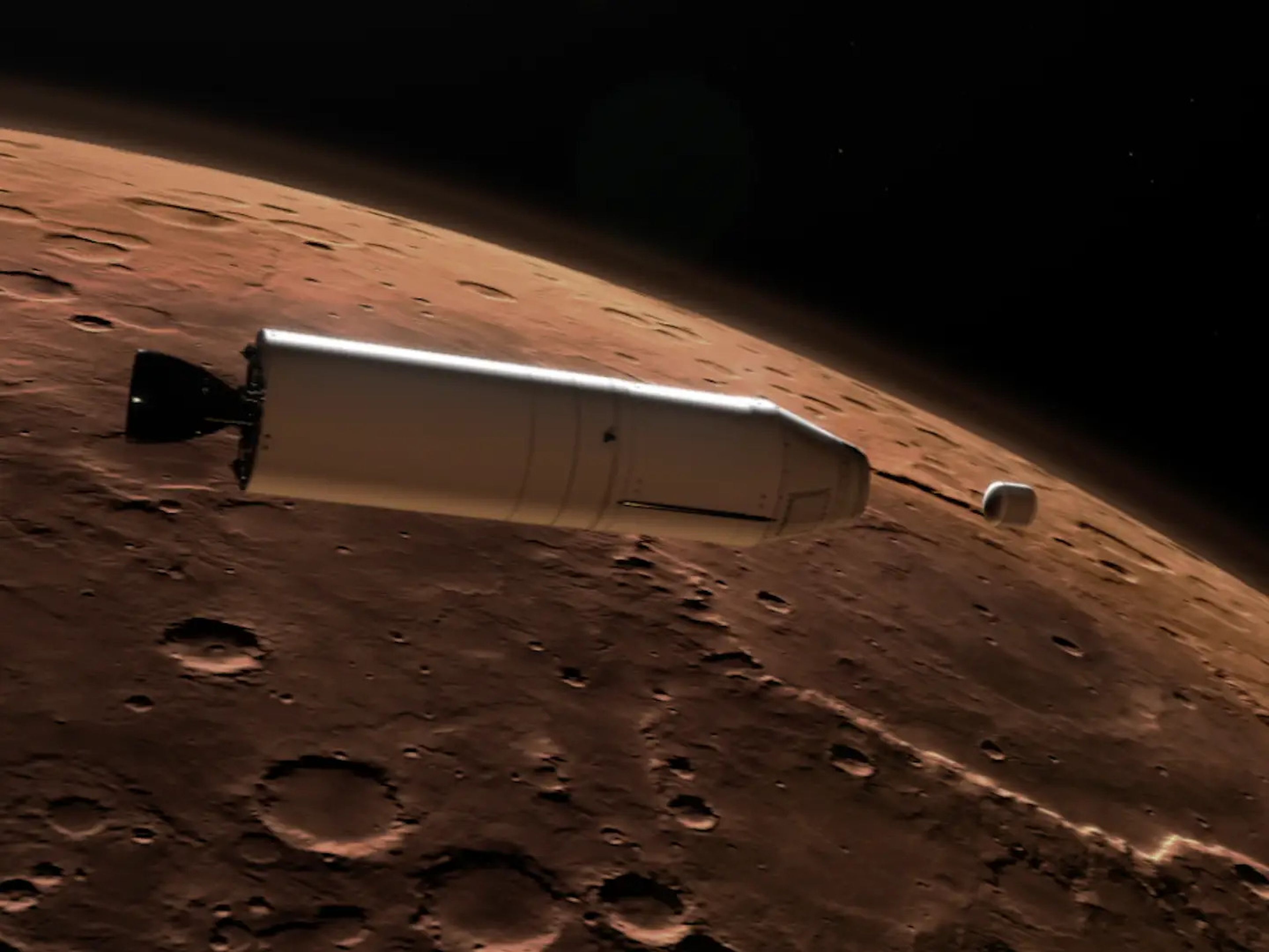 Una ilustración muestra un cohete liberando un recipiente de muestra muy por encima de la superficie marciana.