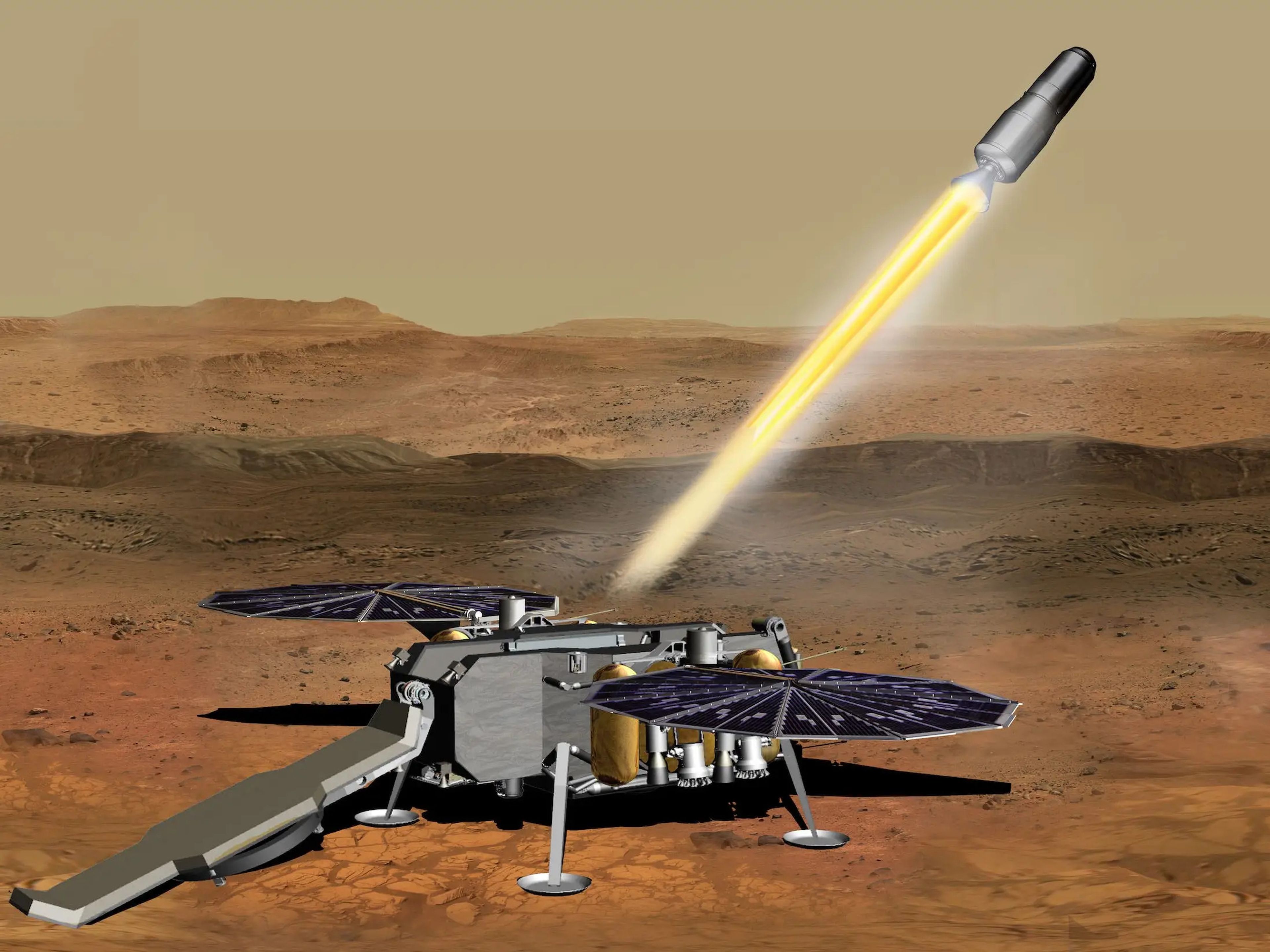 Una ilustración muestra cómo la misión Mars Sample Return de la NASA lanzaría las muestras de Perseverance desde la superficie de Marte.