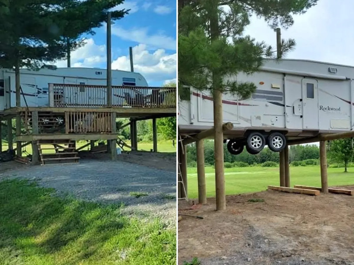 Una pareja crea una casa en el rbol para su caravana y se hace