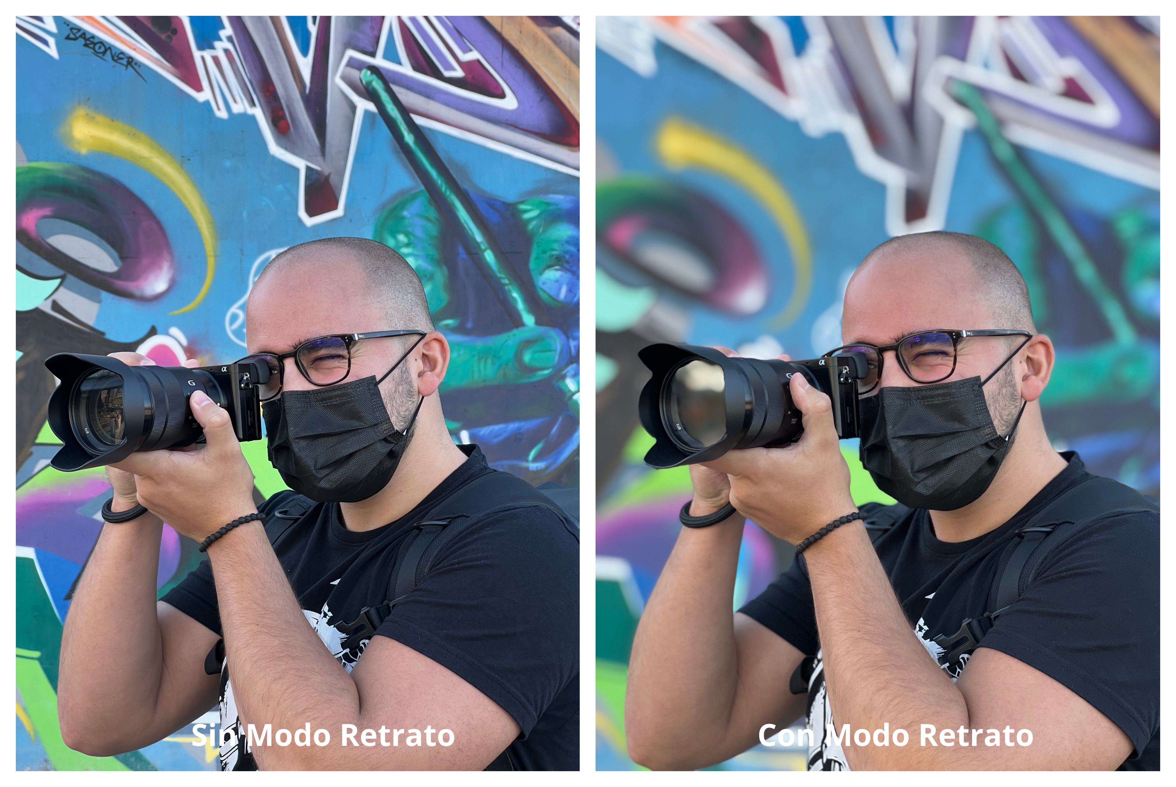 Con/Sin Modo Retrato con la cámara trasera del iPhone 13 Pro Max.