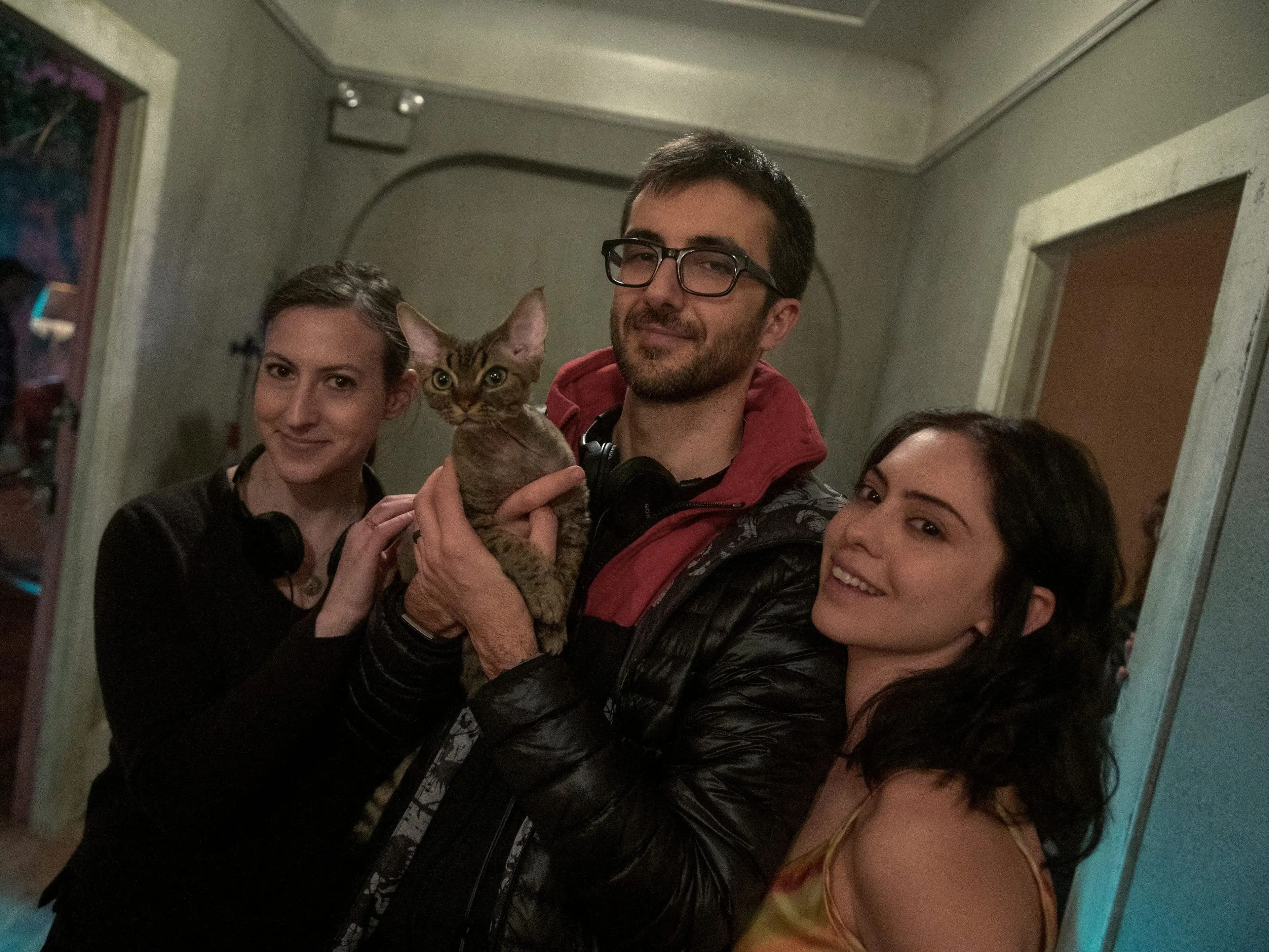 Lenore Zion, Nick Antosca, Rosa Salazar, and a kitten behind the scenes on the set of "Brand New Cherry Flavor"