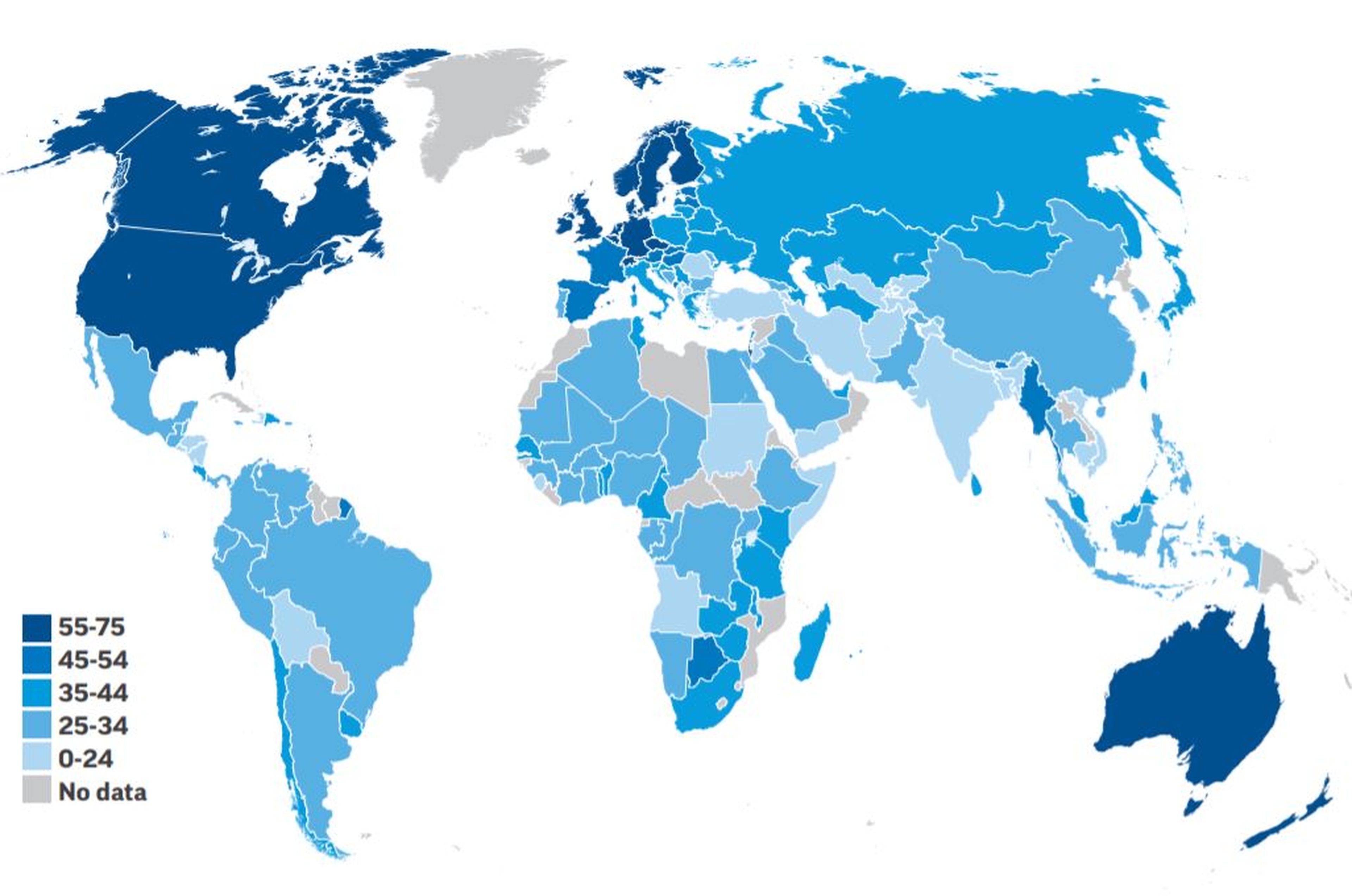Mapa de colores con la alfabetización financiera en el mundo en base a su porcentaje. S&P GLOBAL FINLIT SURVEY.
