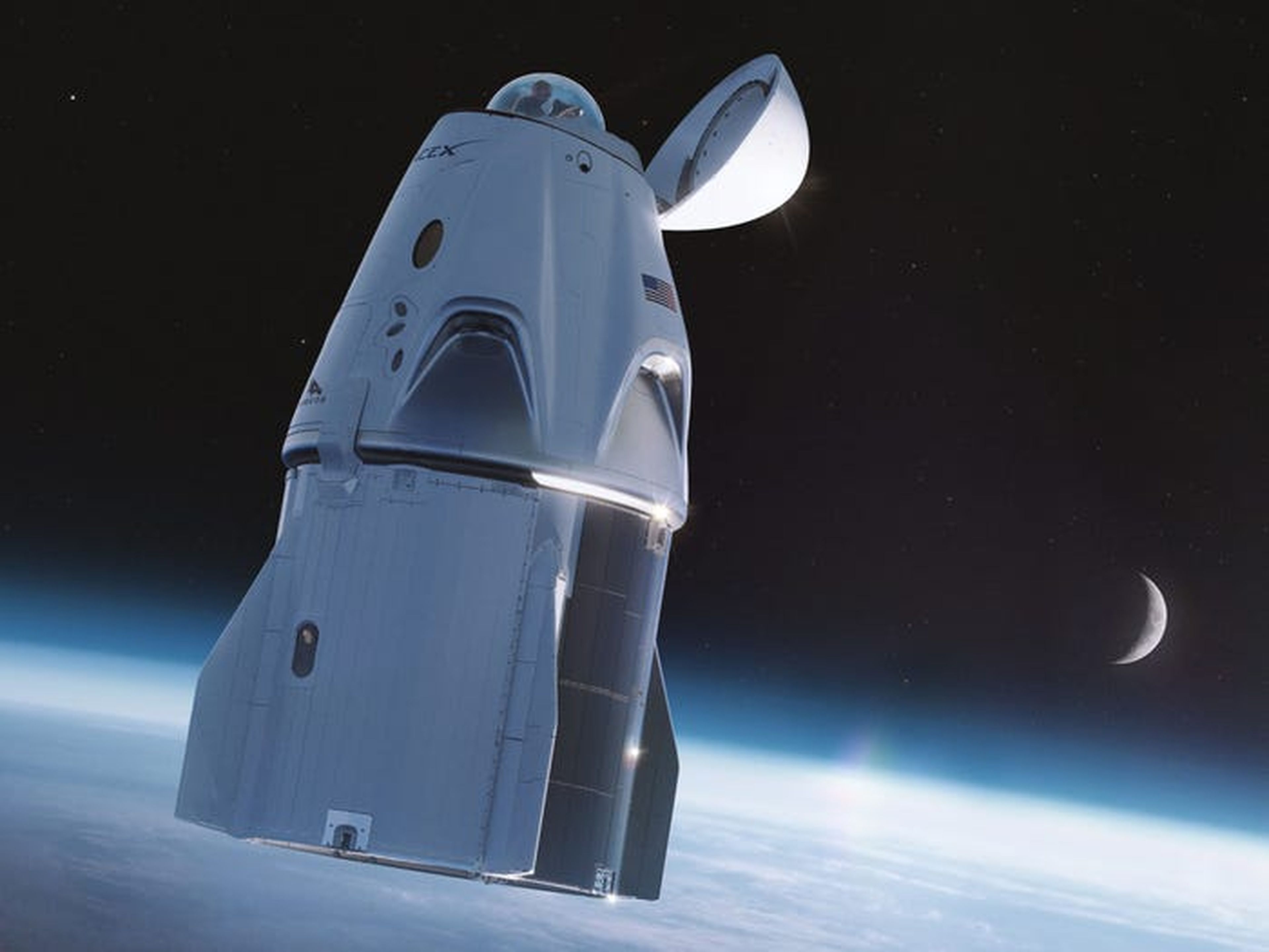 Una ilustración de la nave espacial Crew Dragon de SpaceX con una "cúpula" de cristal en la nariz.
