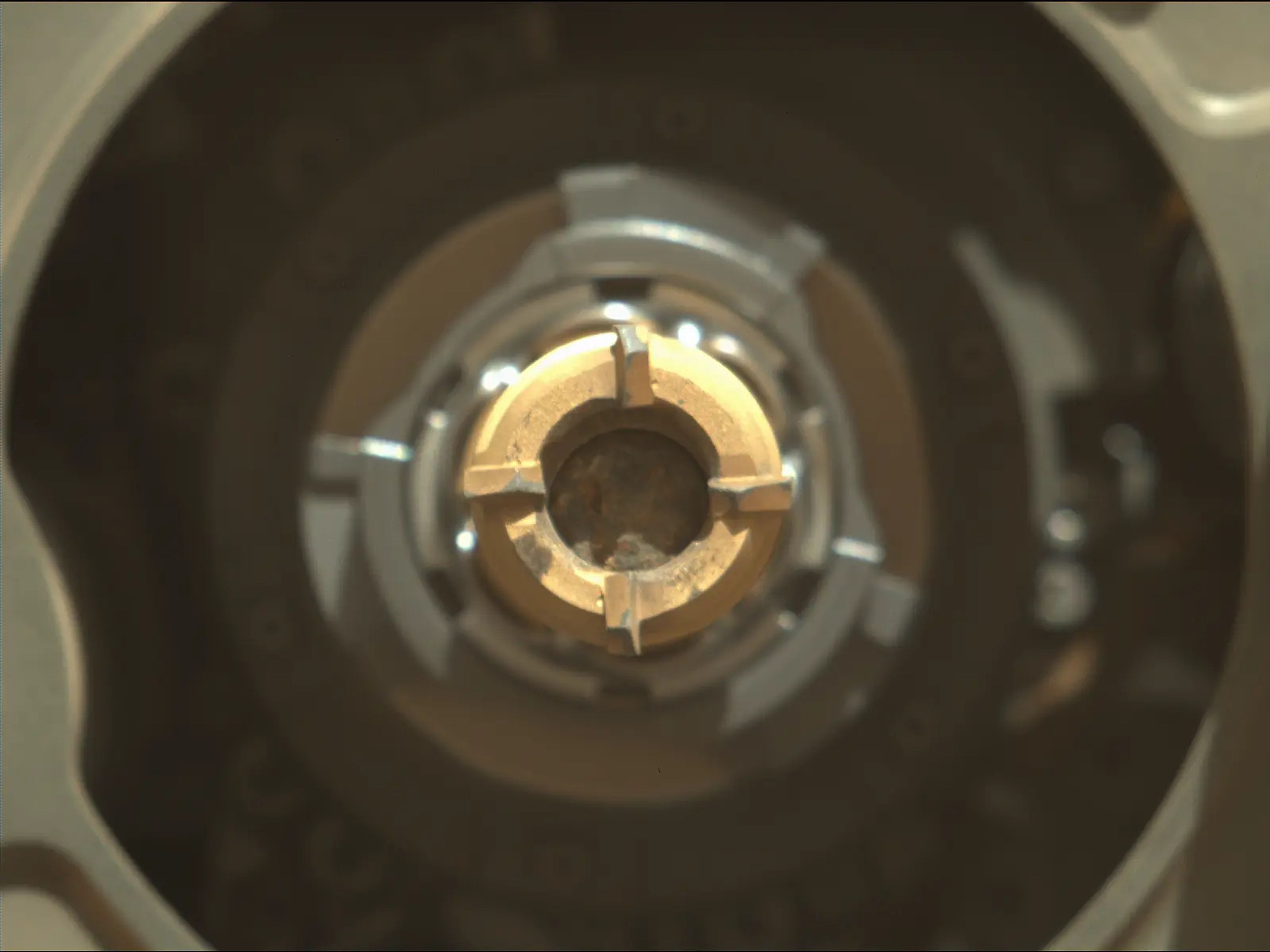 Un núcleo de roca es visible dentro del tubo de muestra del rover Perseverance, el 1 de septiembre de 2021.
