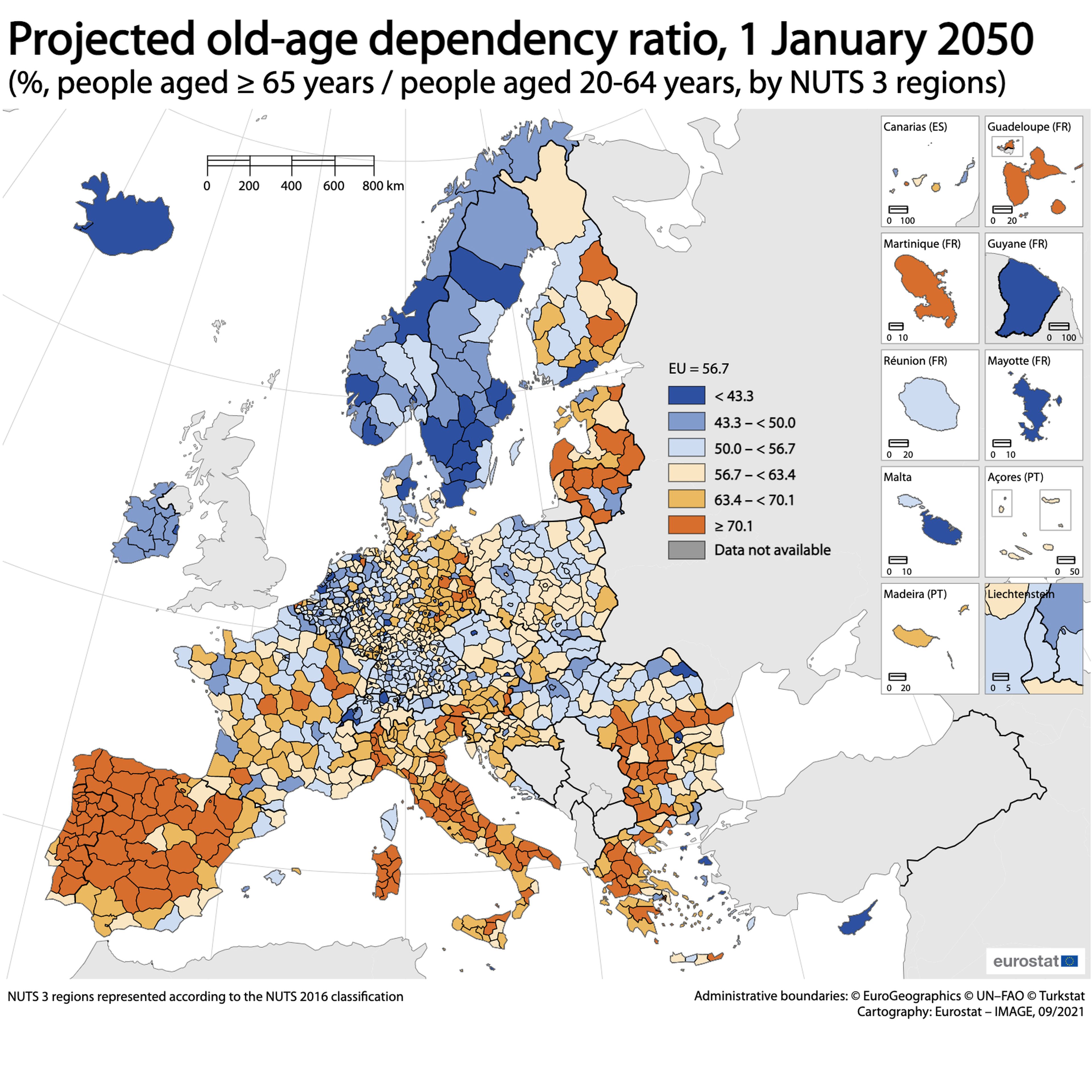 Previsión de Eurostat sobre la tasa de dependencia en la Unión Europea en 2050, repartido por provincias