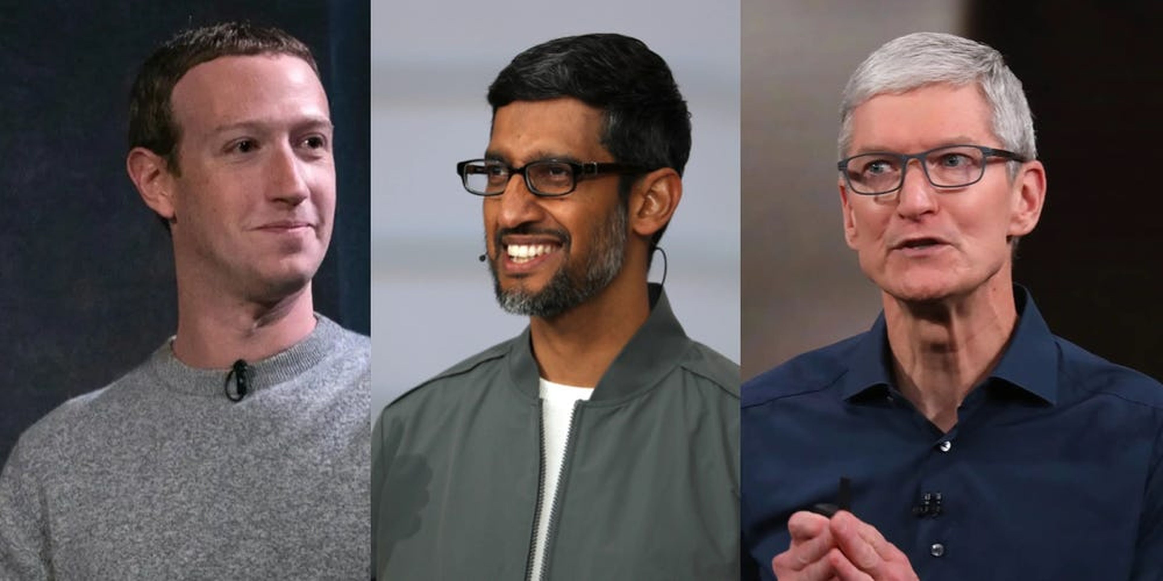 Los CEO de Facebook, Mark Zuckerberg; Google, Sundar Pichai; y Apple, Tim Cook.