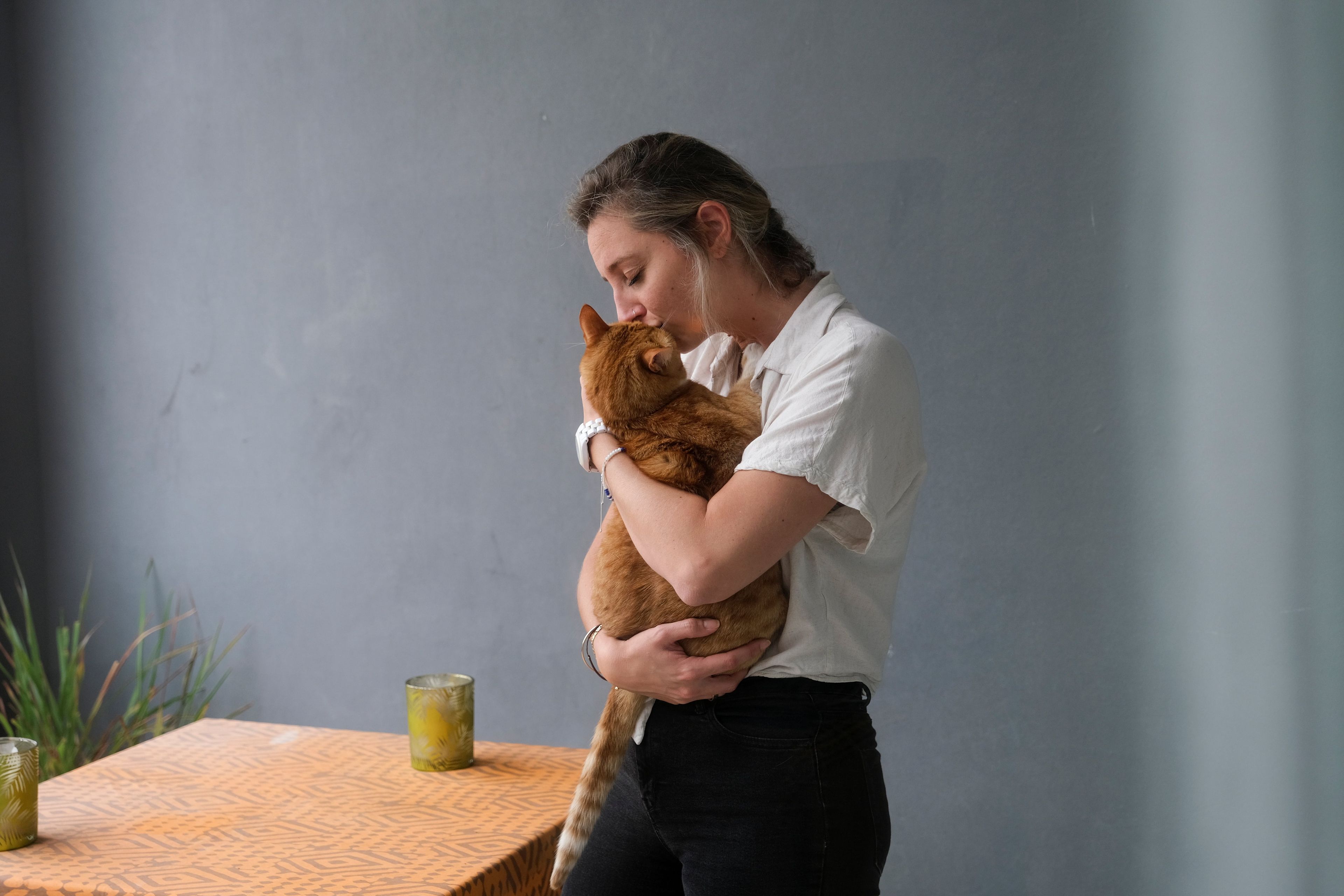 Una chica abraza un gato en casa.