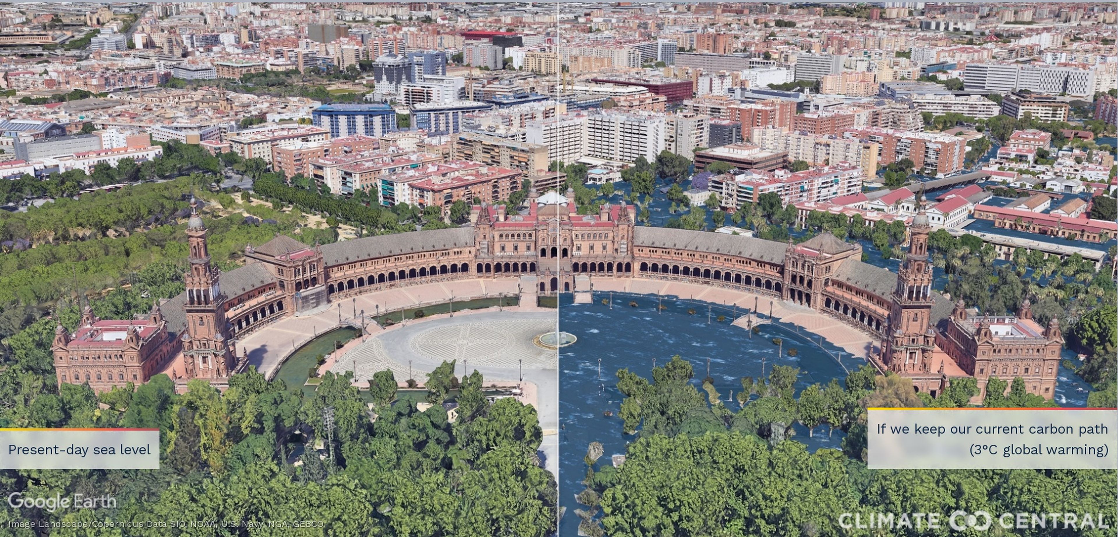 Representación de la Plaza de España de Sevilla si se mantuvieran el actual nivel de emisiones.