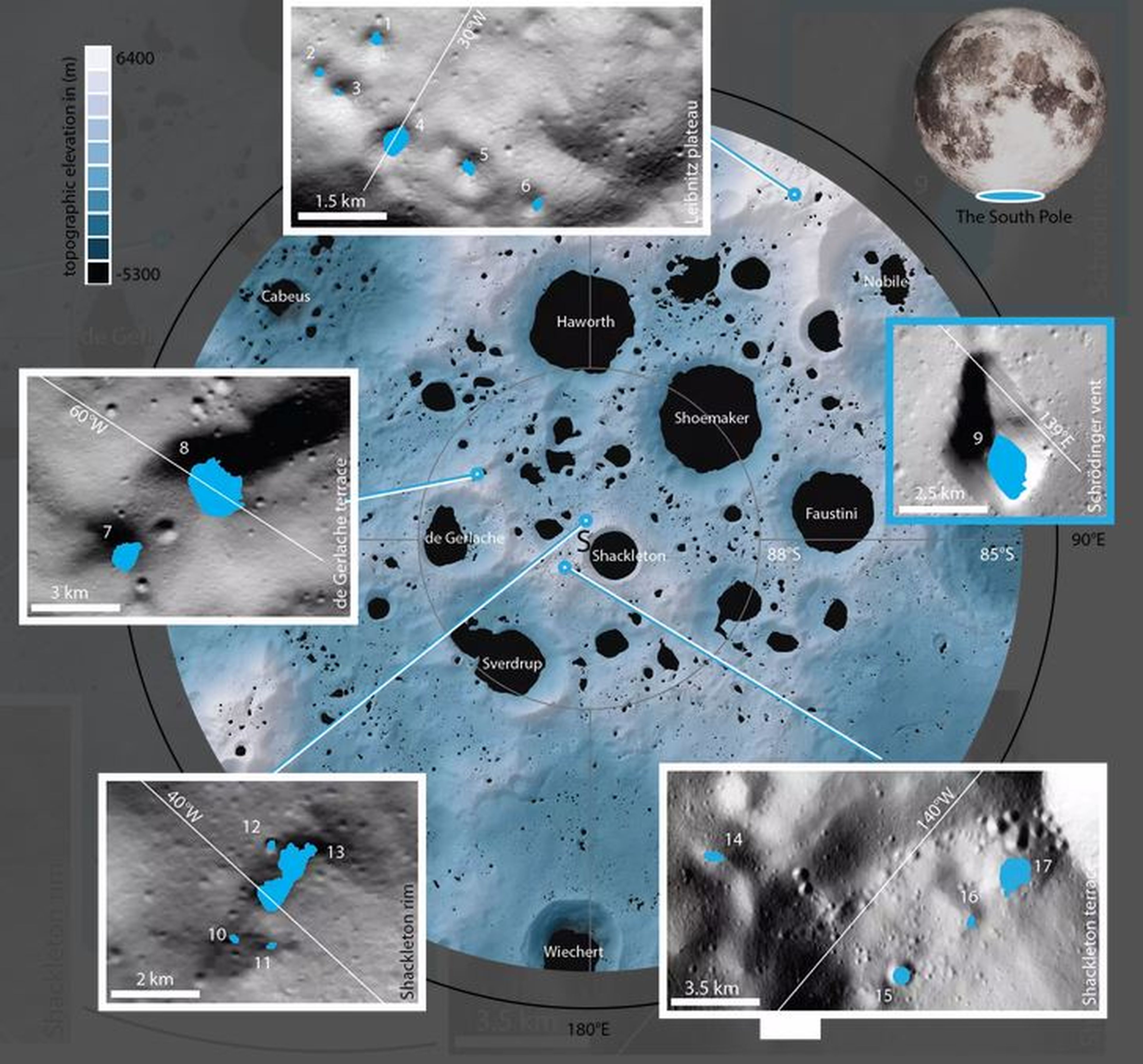 Los 17 cráteres que se han fotografiado se encuentran cerca del Polo Sur de la Luna.