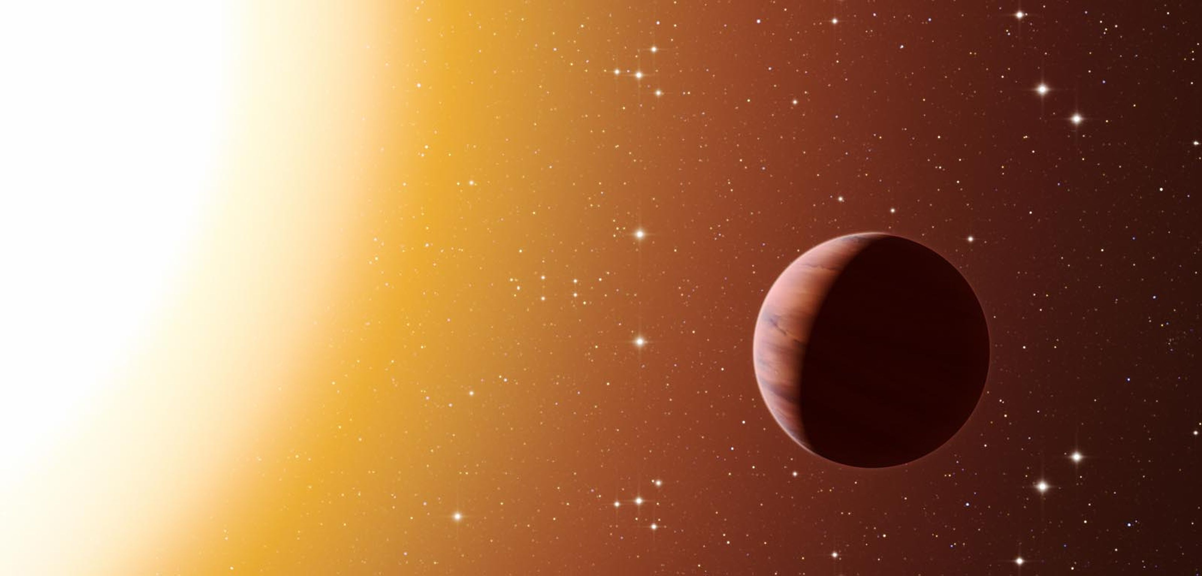 Ilustración de un exoplaneta más caliente que Júpiter mirando hacia su estrella.