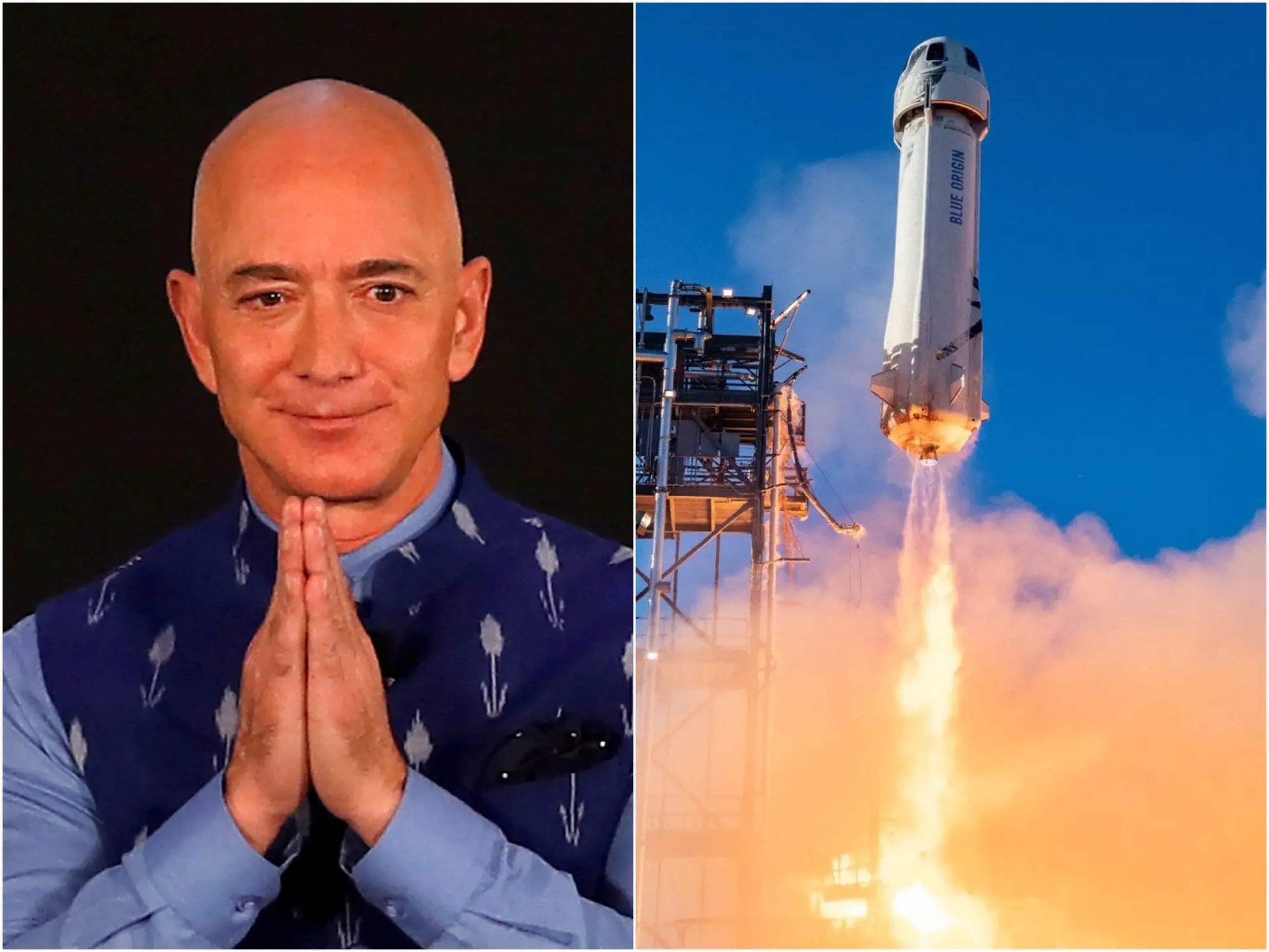 Jeff Bezos (izquierda) se lanzó a bordo del cohete New Shepard de Blue Origin (derecha) en julio.