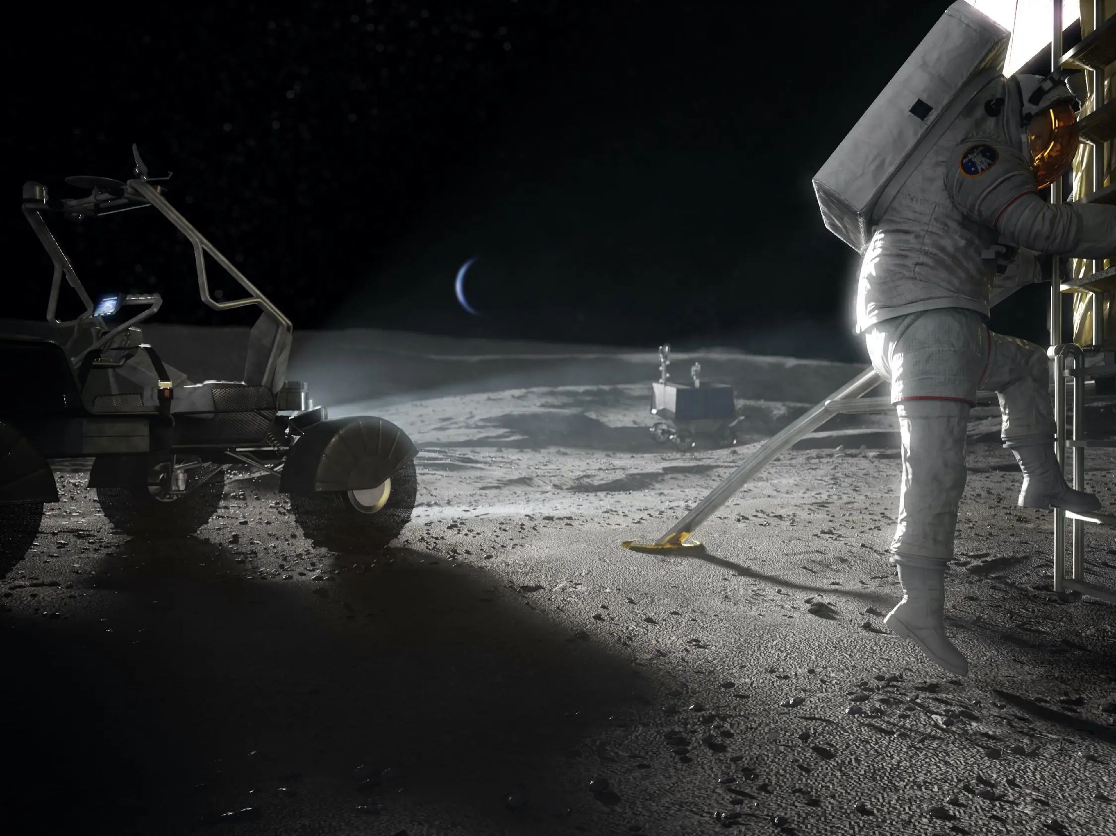 Ilustración de un artista de los astronautas de la NASA que regresan a la superficie de la Luna a través de su programa Artemisa.