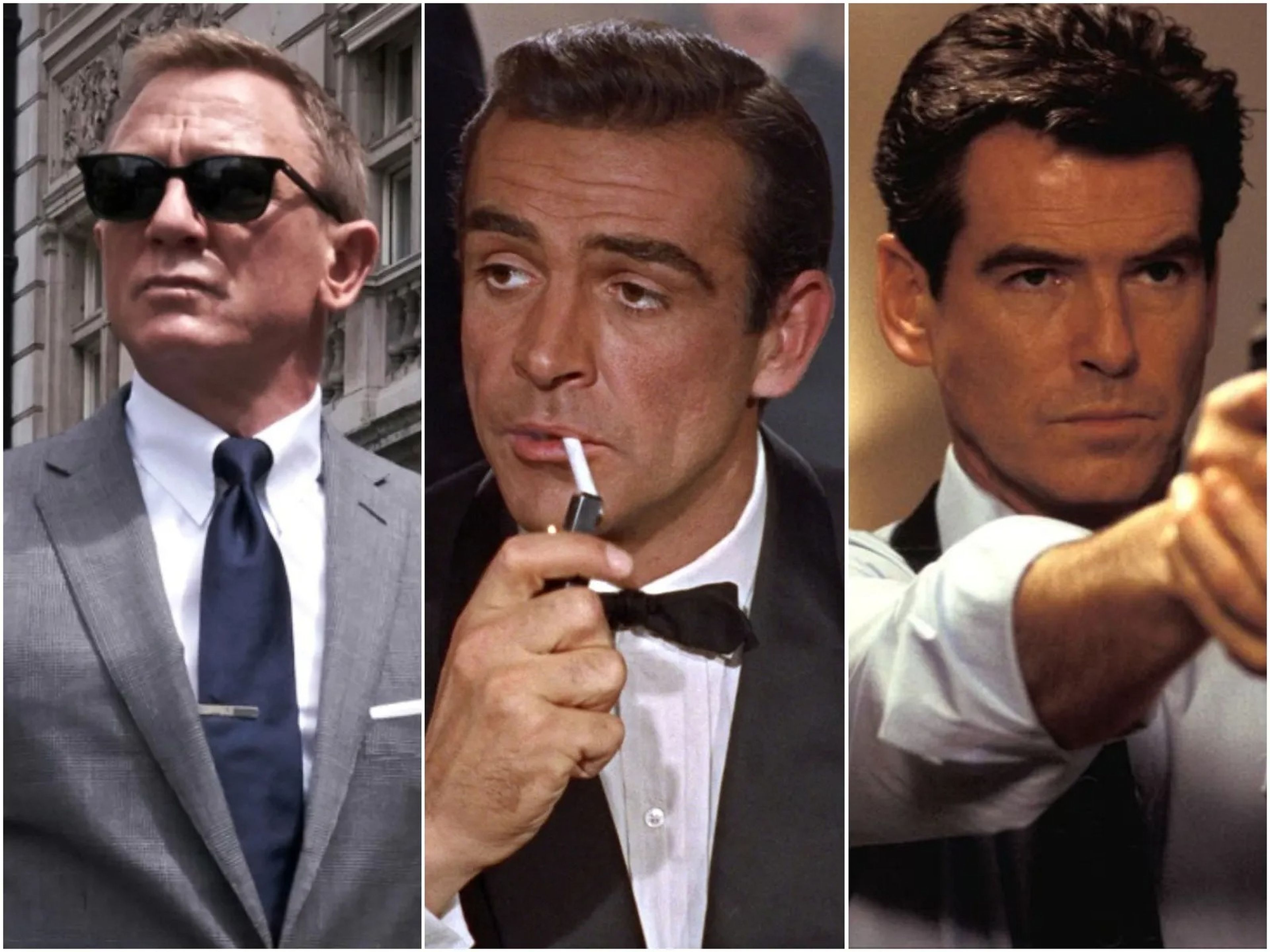 De izquierda a derecha, Daniel Craig, Sean Connery y Pierce Brosnan como James Bond.