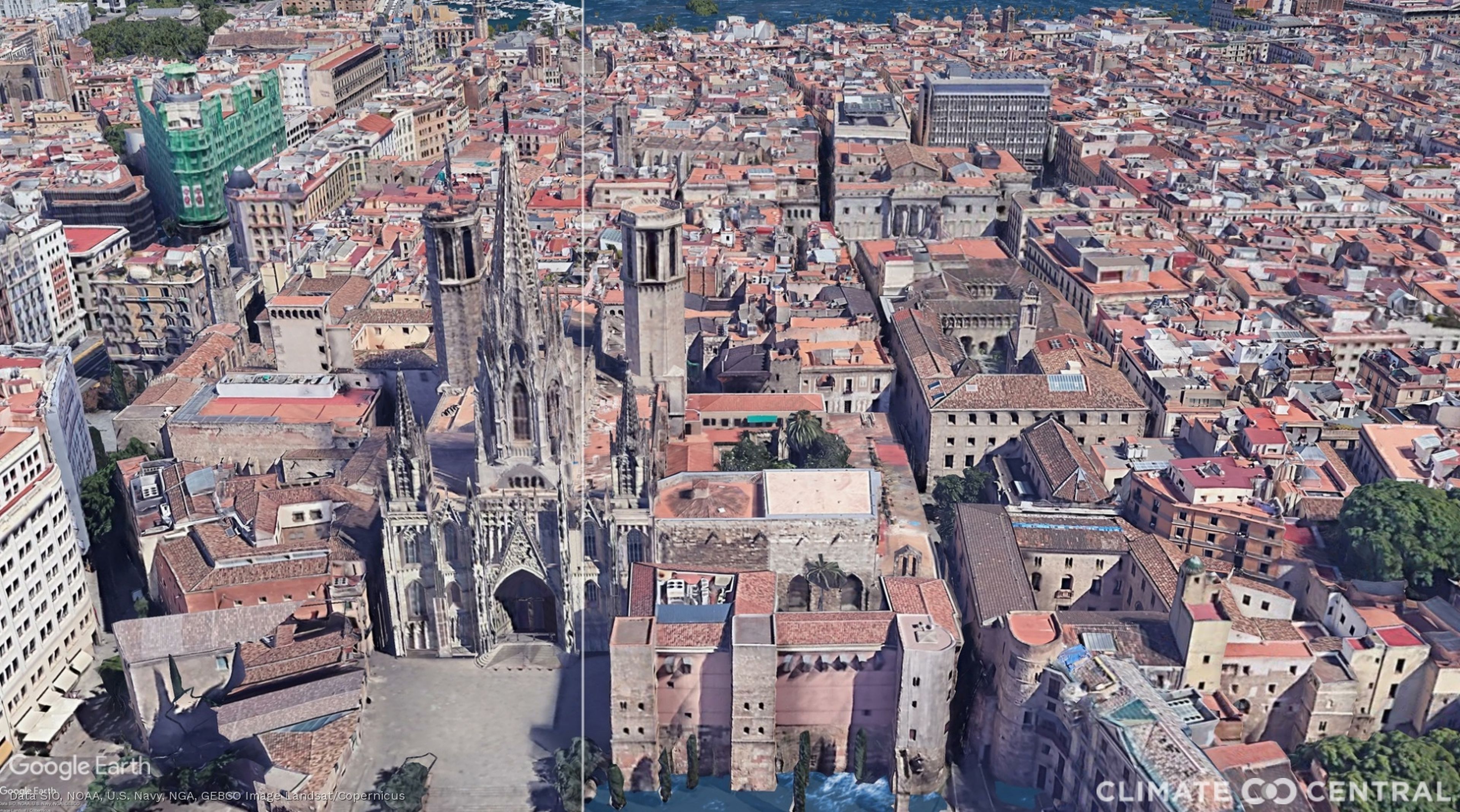 Representación de la subida del nivel del mar en la Catedral de Barcelona.