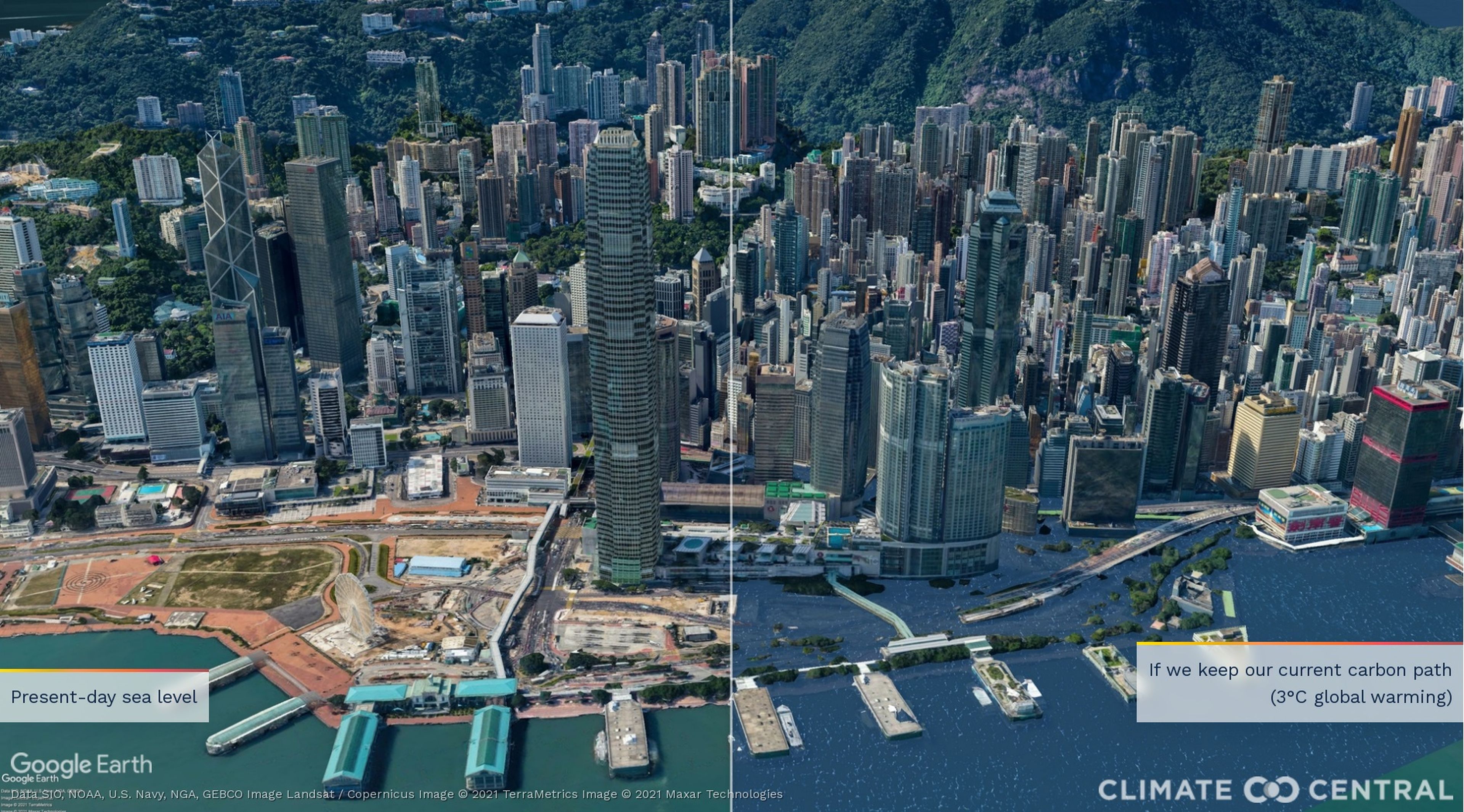 Representación del distrito financiero de Hong Kong con la subida del nivel del mar.