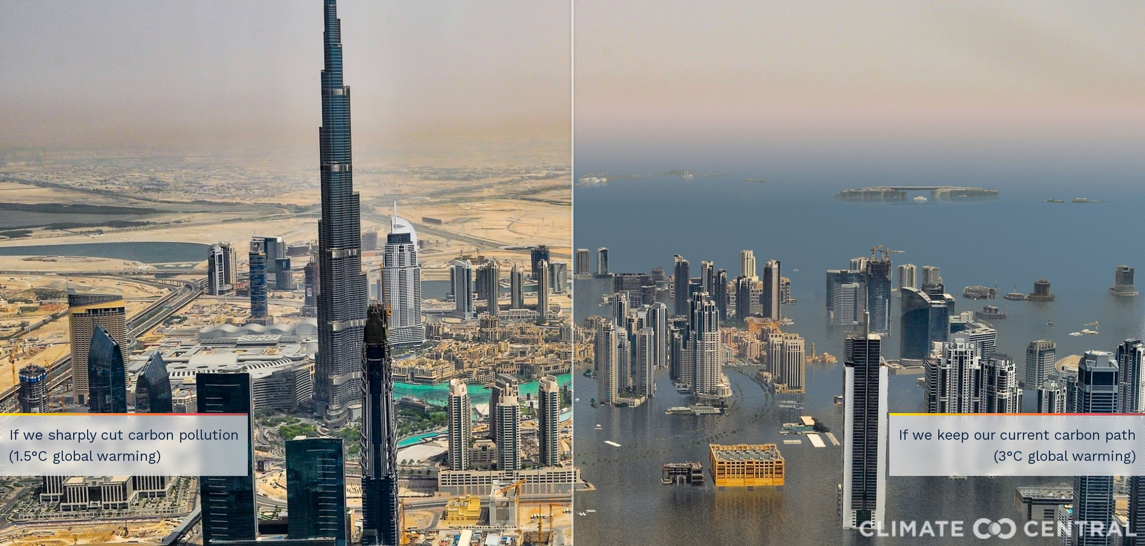 Representación de Dubái si aumentara el nivel del mar con el edificio Burj Khalifa a la izquierda de la imagen.