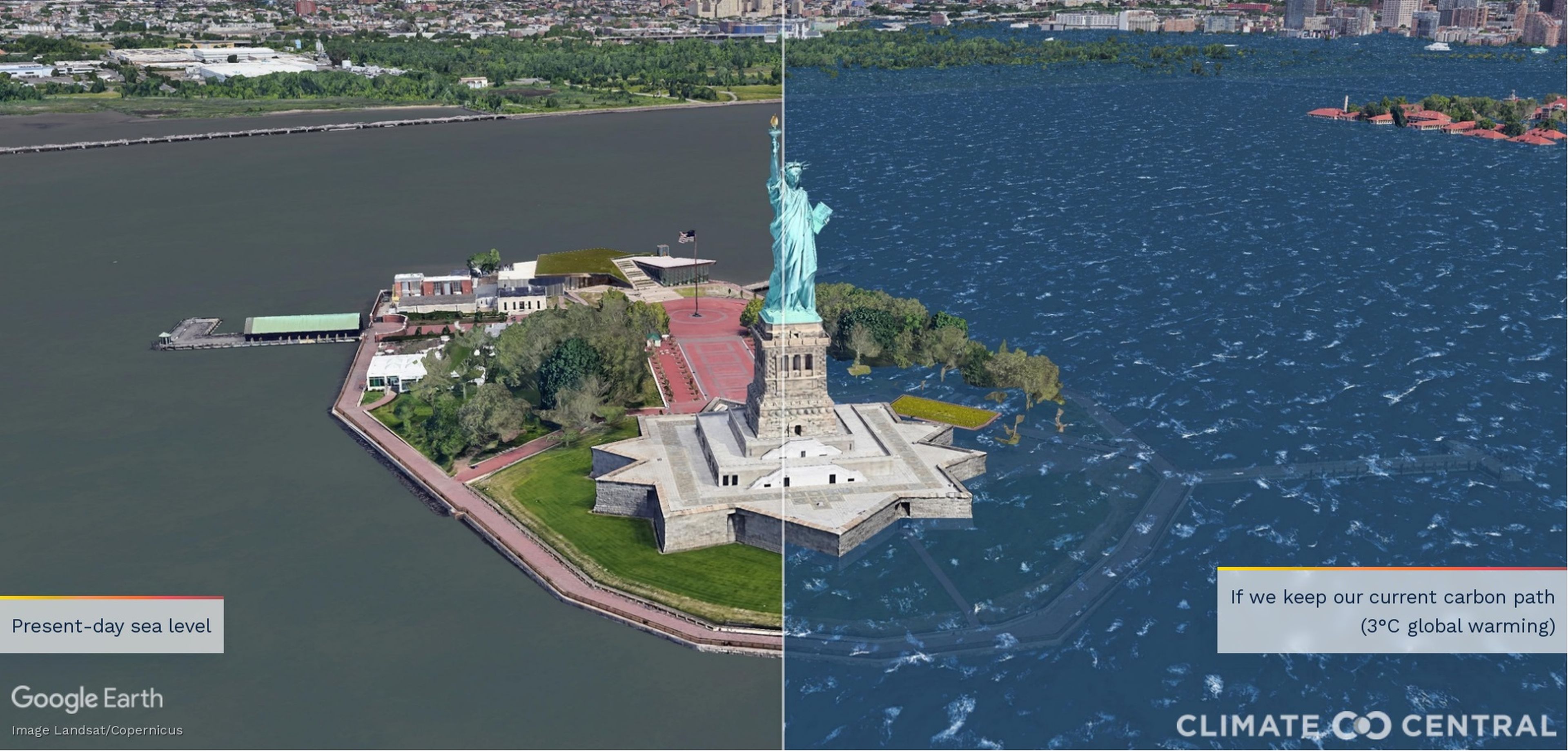 Representación Estatua de la Libertad con aumento del nivel del mar.