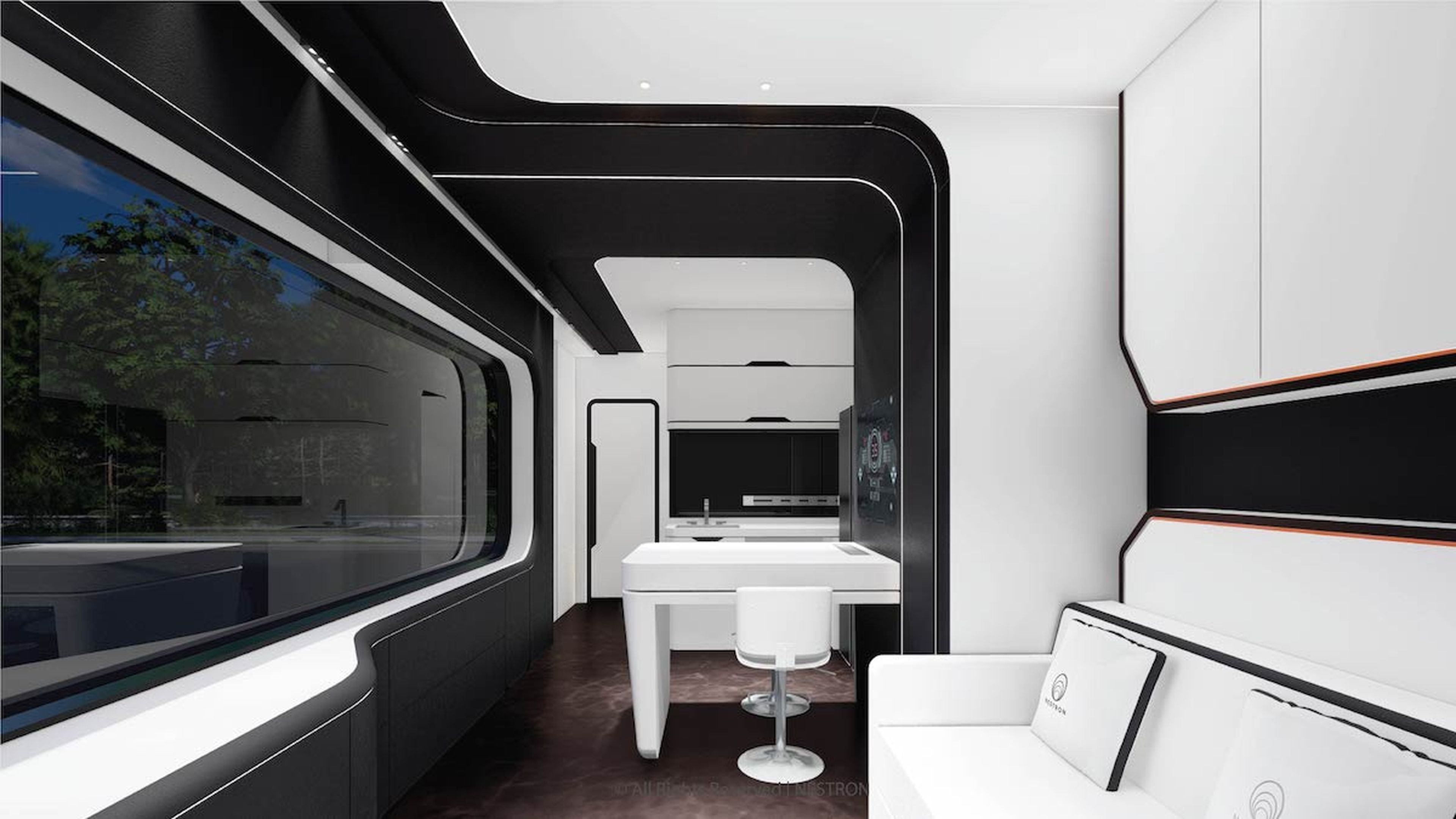 Sala de estar y cocina de las casas prefabricadas futuristas de Nestron.
