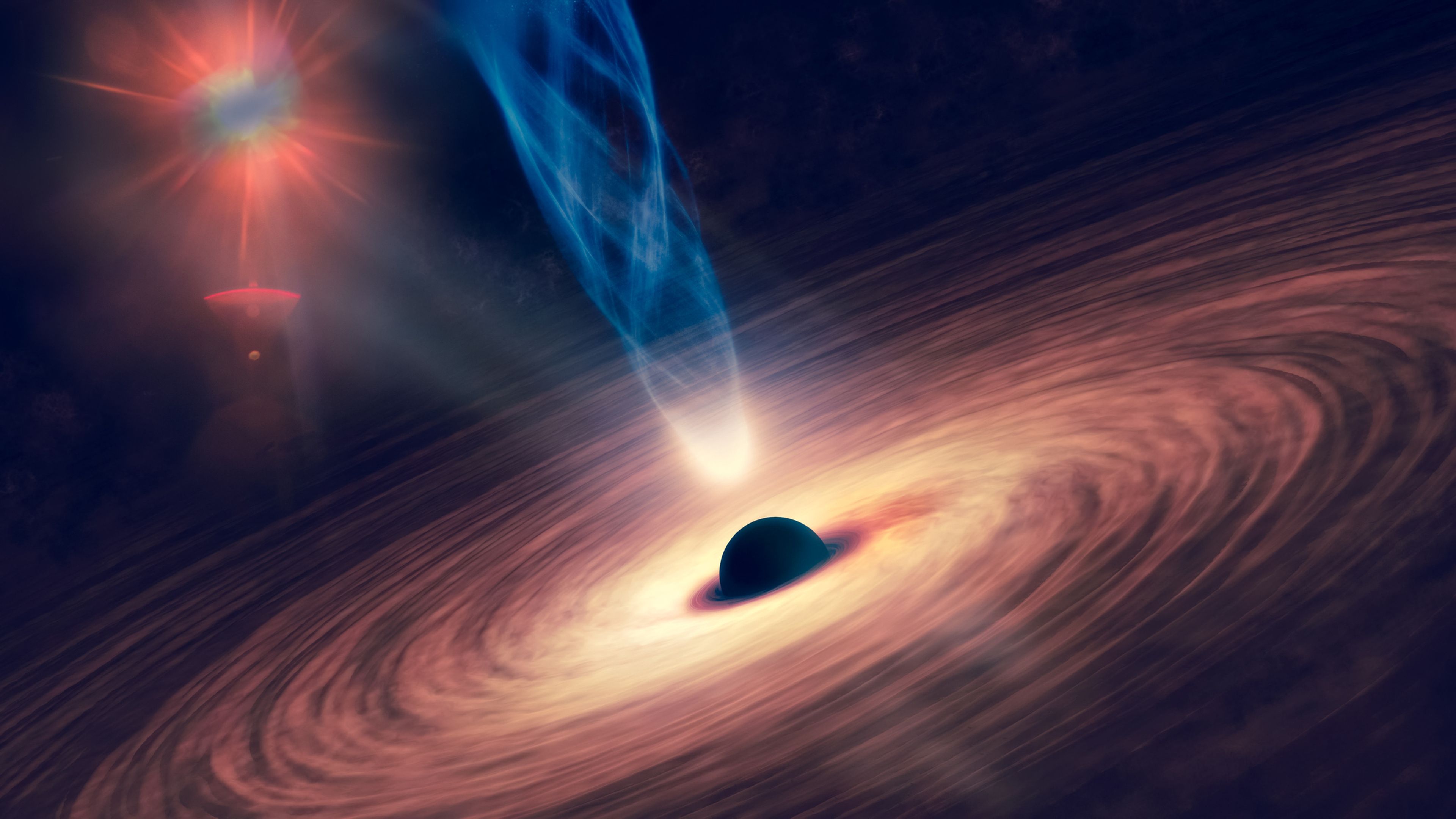 Un agujero negro sobre nebulosas en el espacio, según la NASA.
