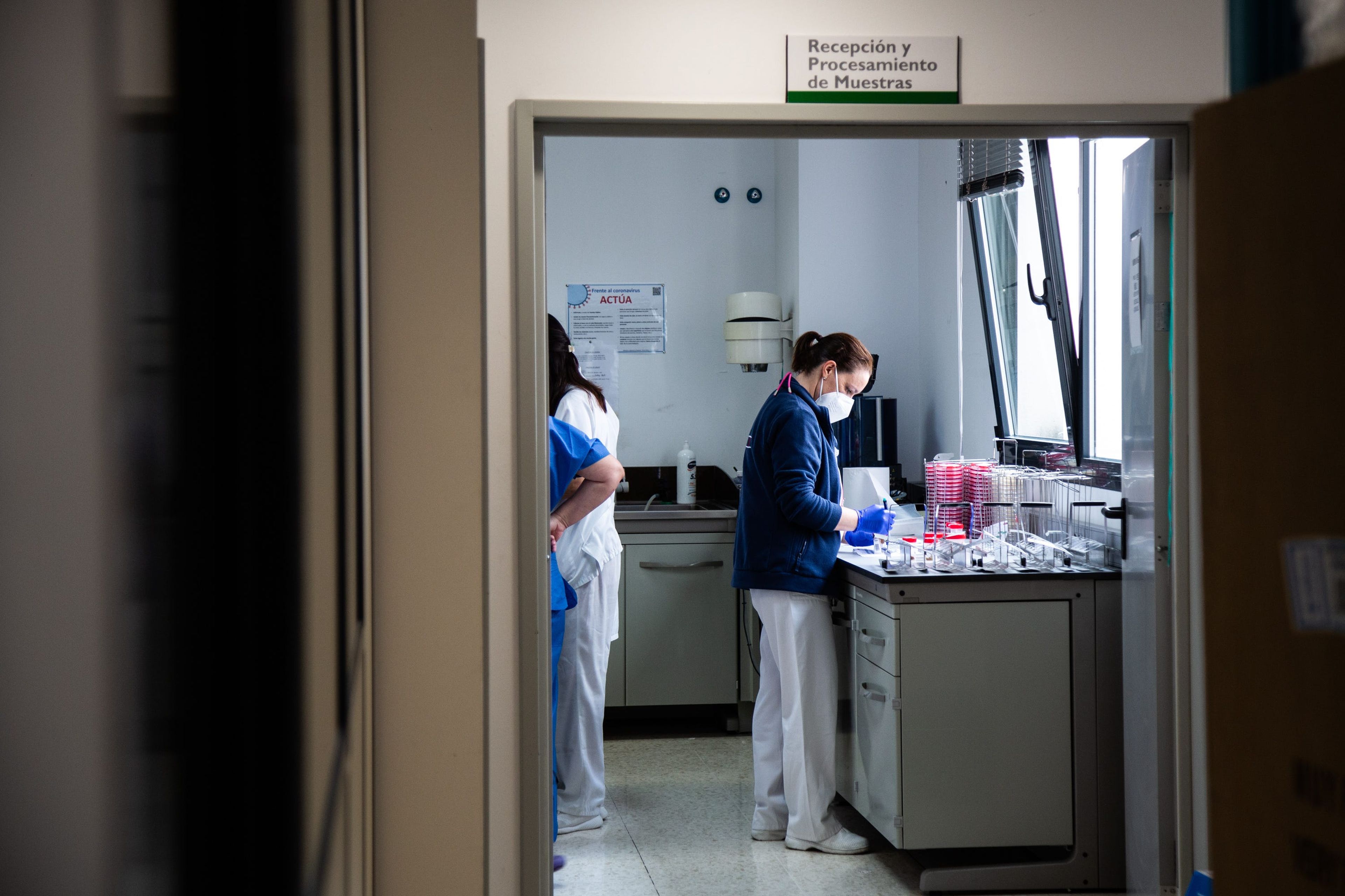 Investigadores secuencian muestras de coronavirus en el laboratorio de microbiología del Hospital Universitario de Badajoz en España el pasado 15 de abril.