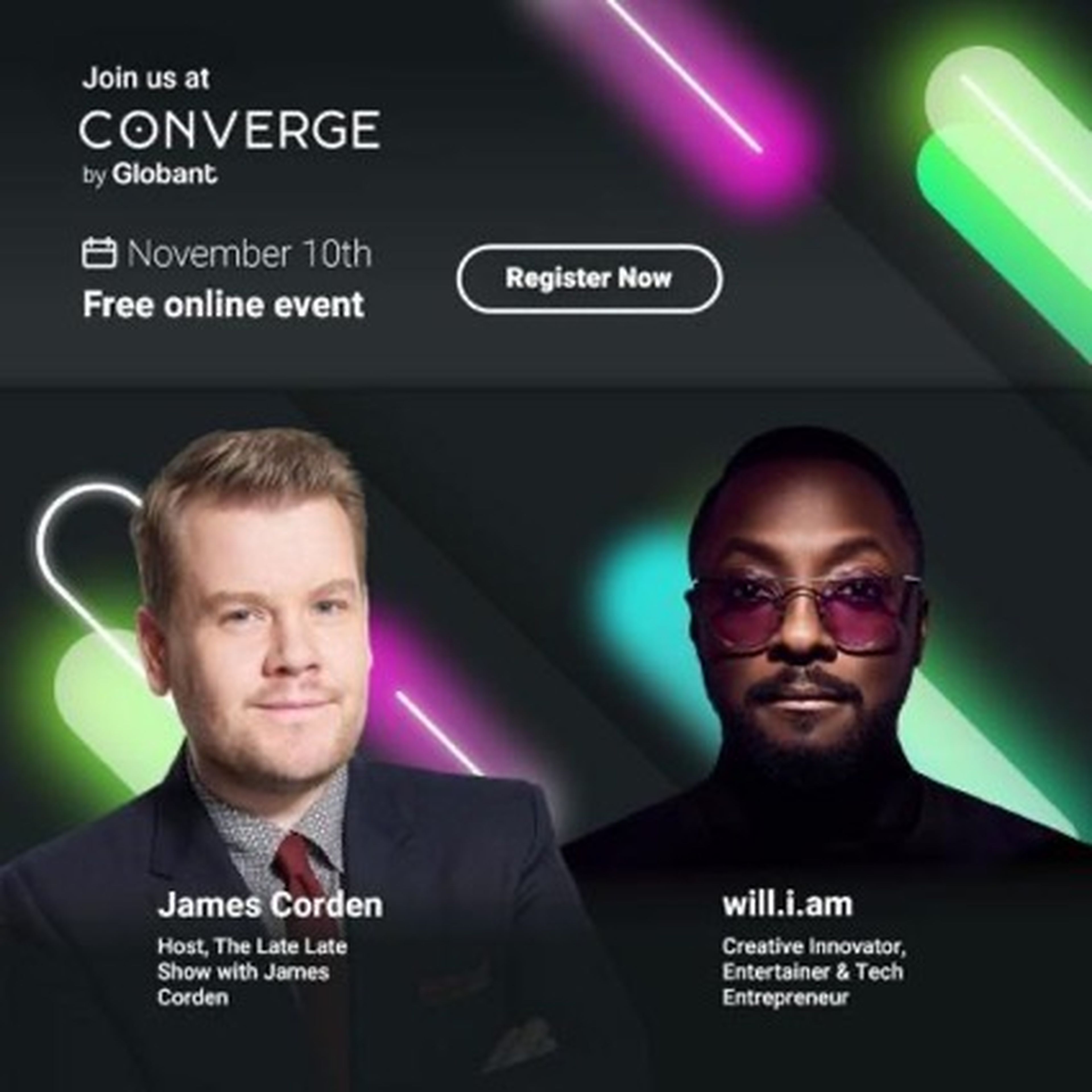 James Corden y Will.i.am, speakers en Converge The Power of Reinvention
