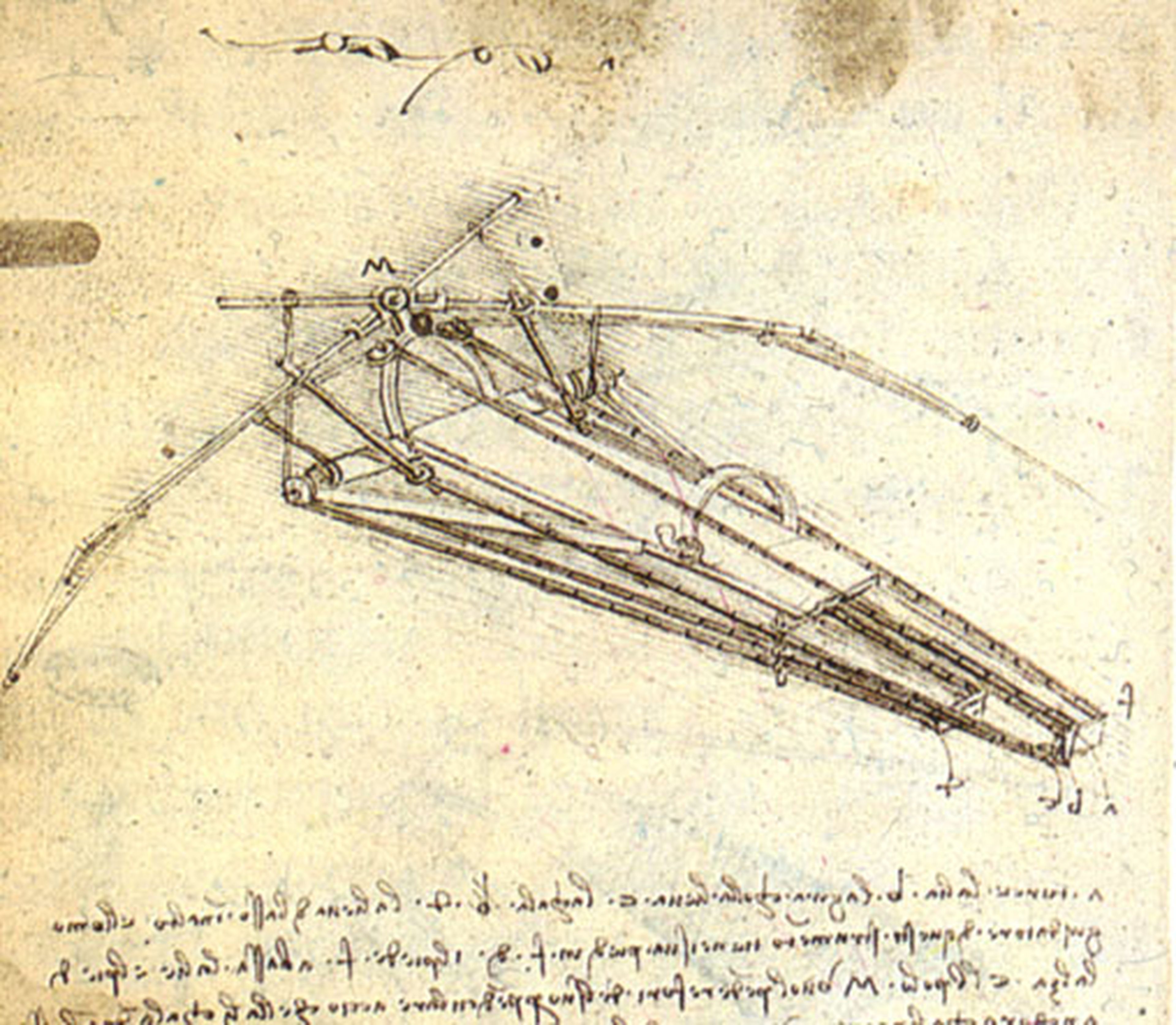 Esbozo del diseño de la máquina de volar de Leonardo da Vinci.