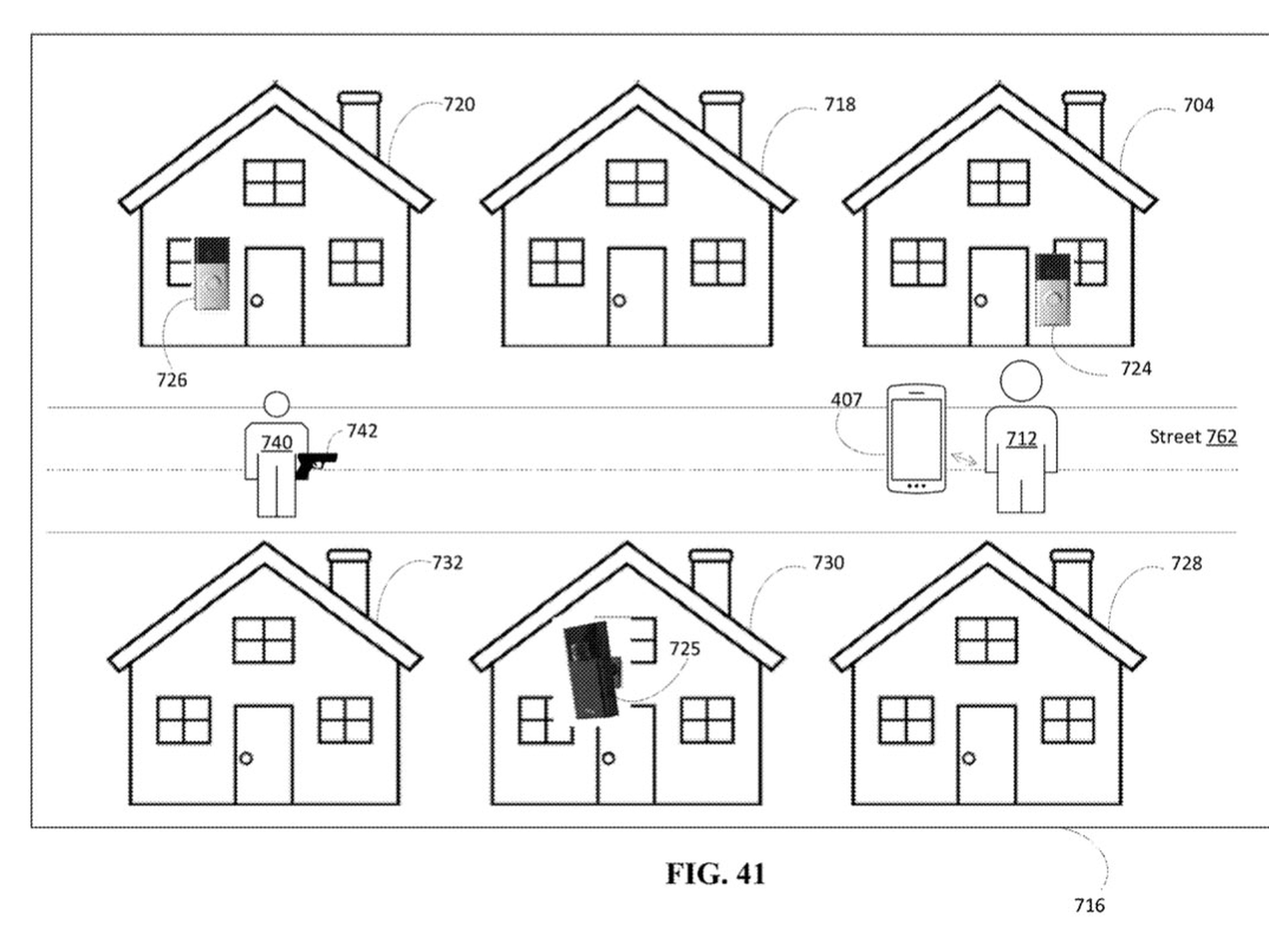 Un dibujo de una solicitud de patente de Amazon muestra a una persona con una pistola cerca de las casas.