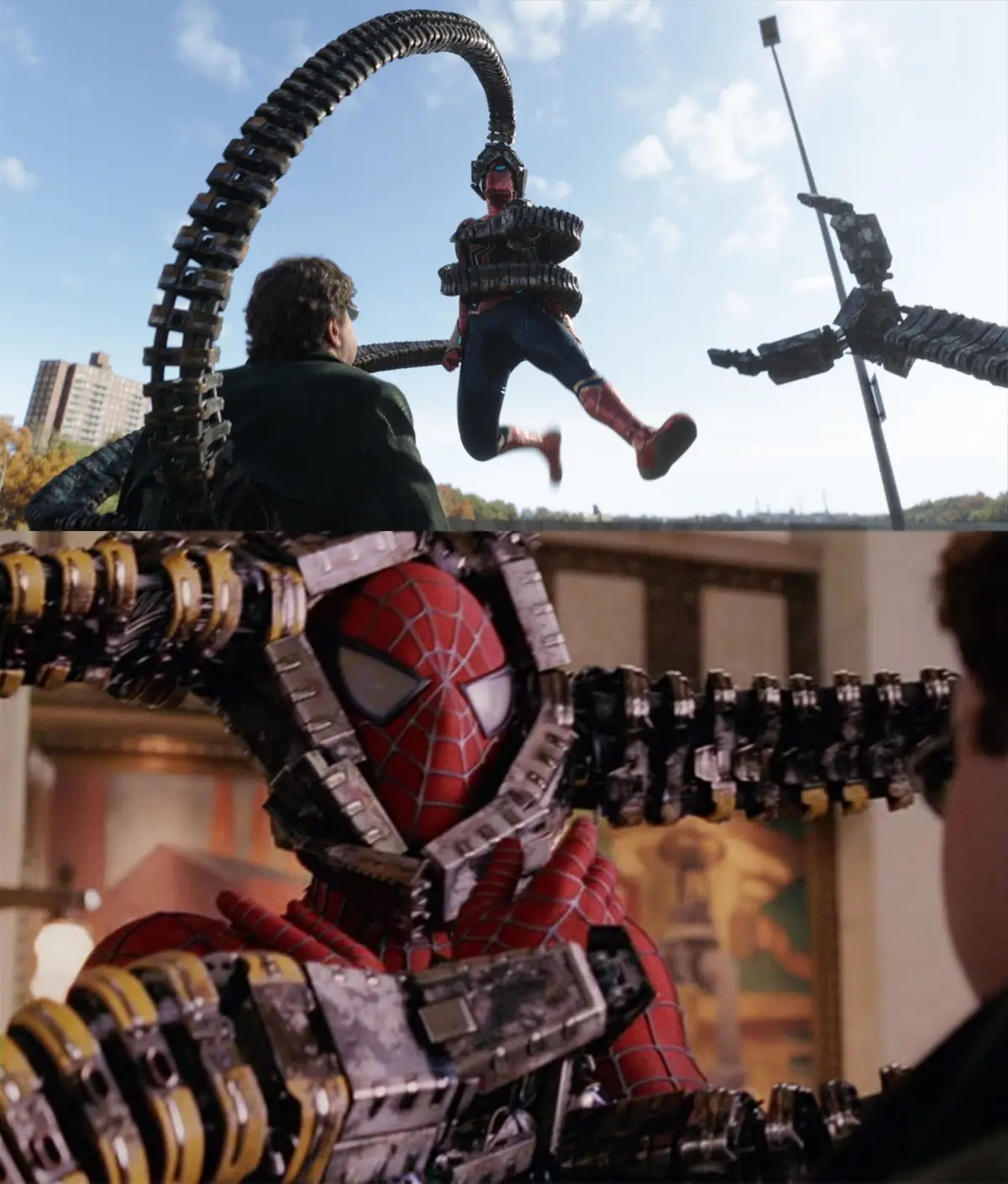 Los brazos mecánicos del Doctor Octupus encuelven la cabeza de Spider-Man de manera similar en ambas películas.