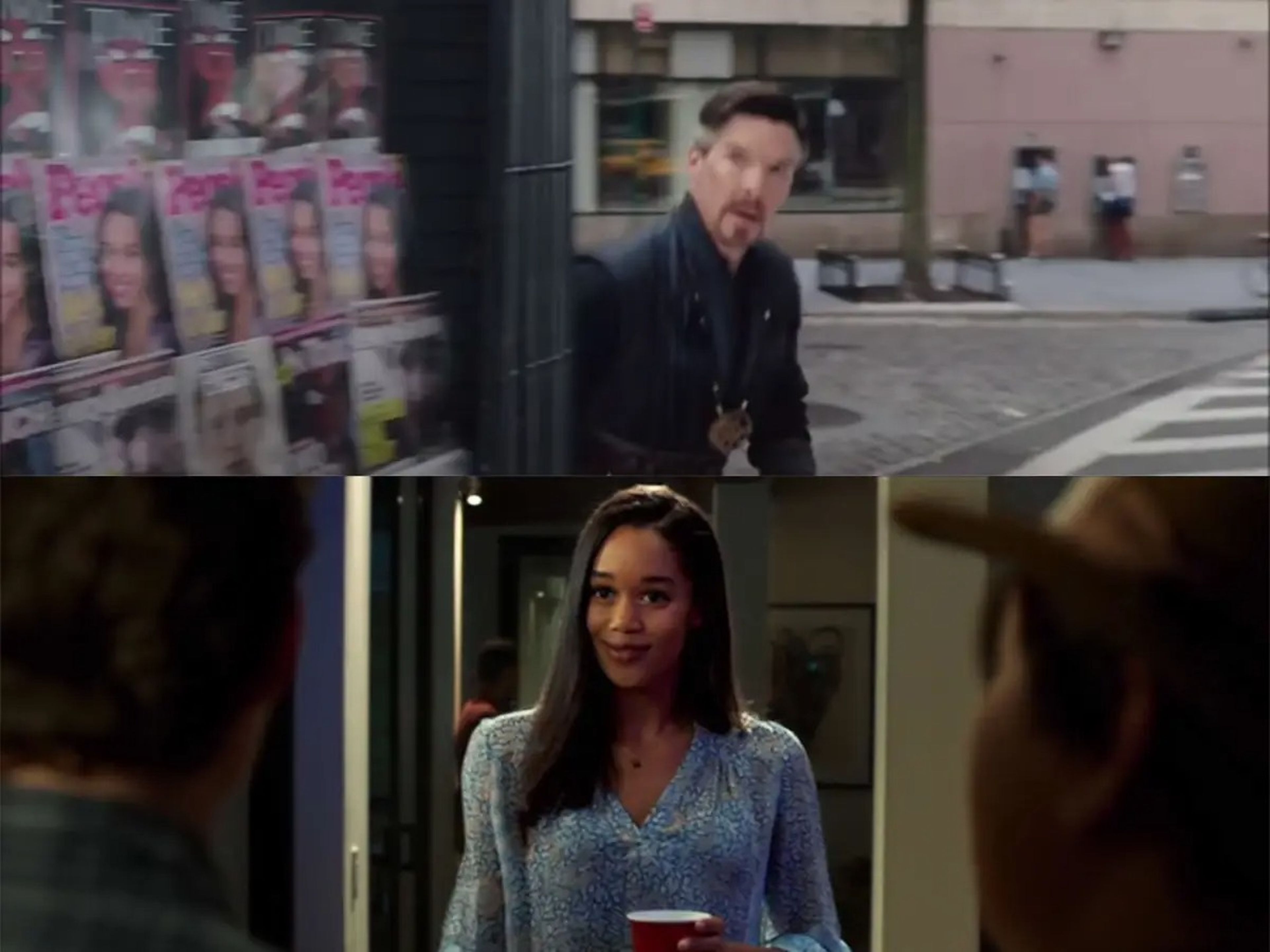 En la imagen superior, el Doctor Strange sale mirando un puesto de revistas en 'Spider-Man: No Way Home'. En la imagen inferior: Liz Toomes de pie en una puerta en 'Spider-Man: Homecoming'.