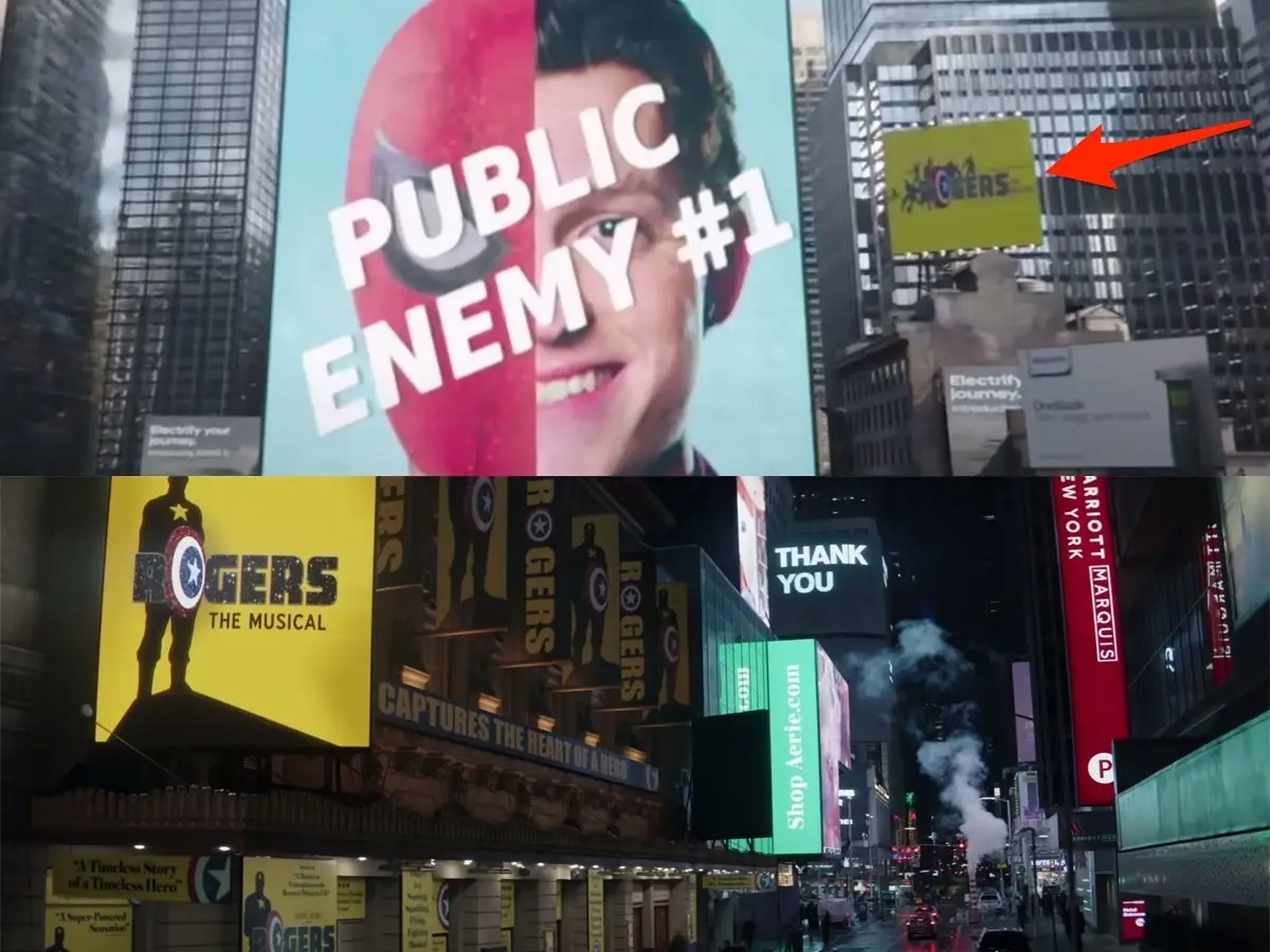 En la imagen superior: una flecha roja apunta a una valla publicitaria que anuncia el musical en 'Spider-Man: No Way Home'. En la imagen inferior: el exterior de un teatro de Broadway que anuncia un musical sobre 'Ojo de halcón'.