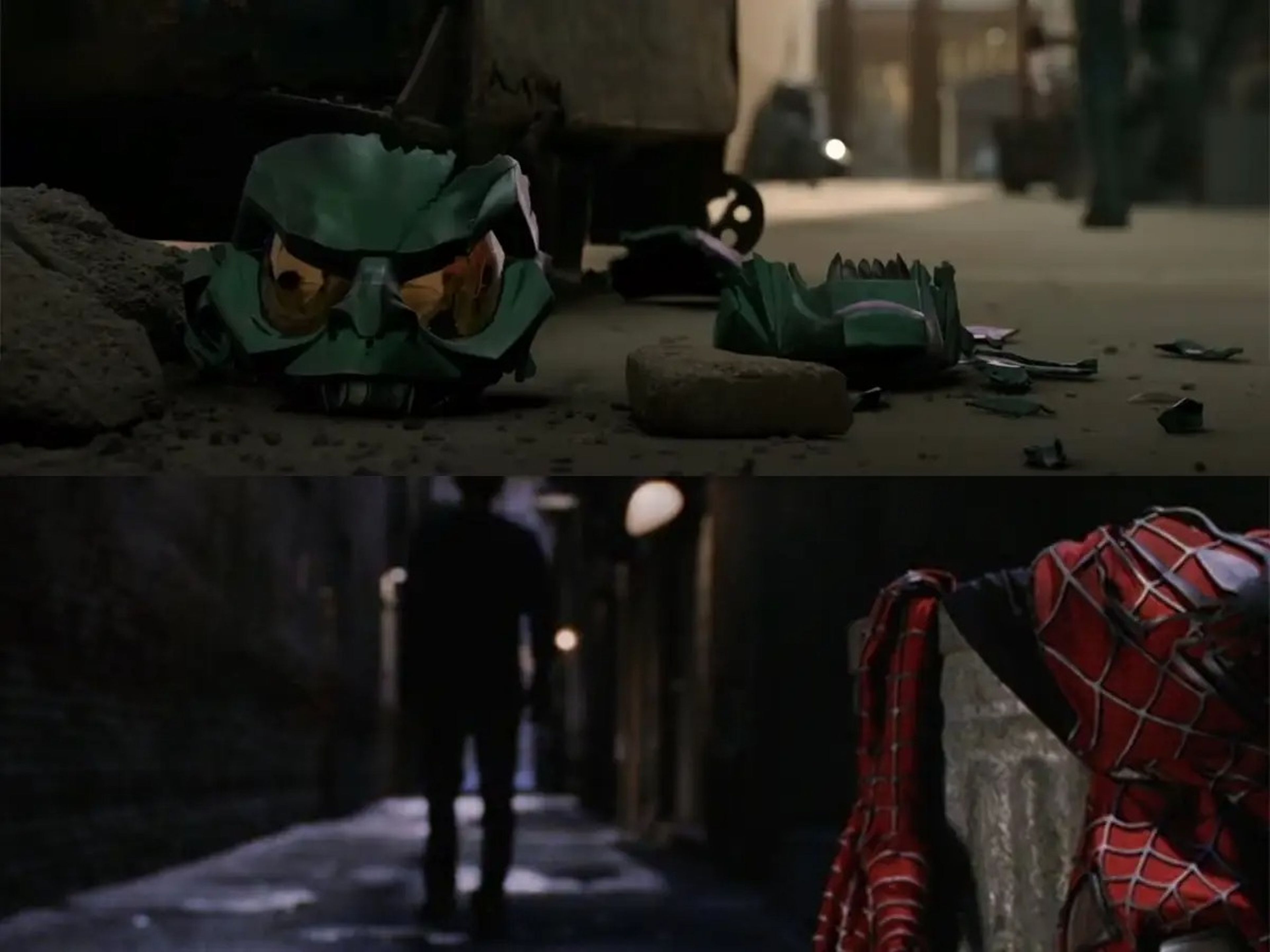 En la imagen superior: Una máscara de duende verde destrozada en un callejón en 'No Way Home'. En la imagen inferior: el traje de Spider-Man de Peter Parker sobre un cubo de basura en un callejón en 'Spider-Man 2'.