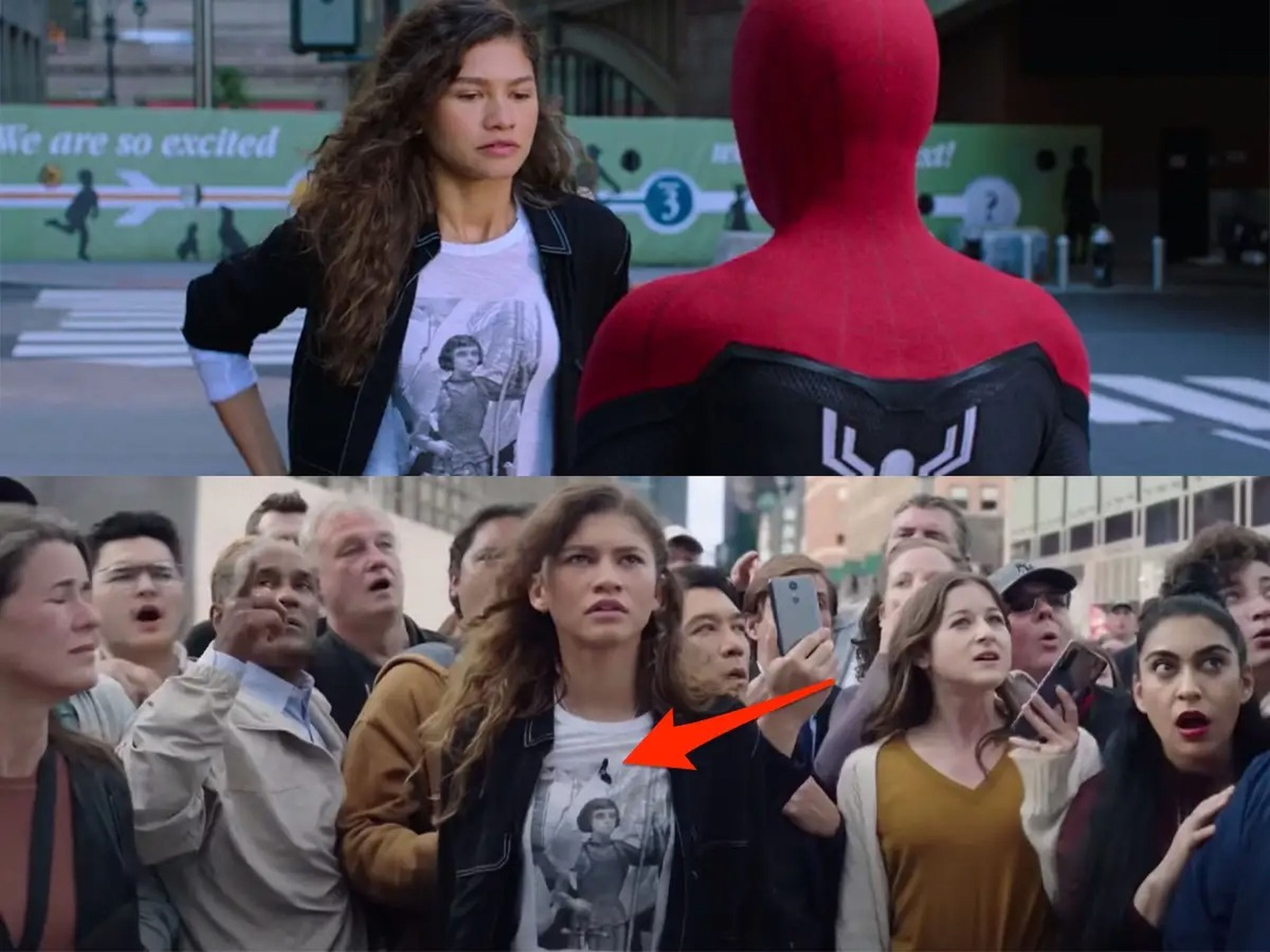 En la imagen superior: Zendaya en 'Spider-Man: Lejos de casa'. En la imagen inferior: Zendaya en 'Spider-Man: No Way Home', donde la flecha roja señala el collar que lleva puesto.