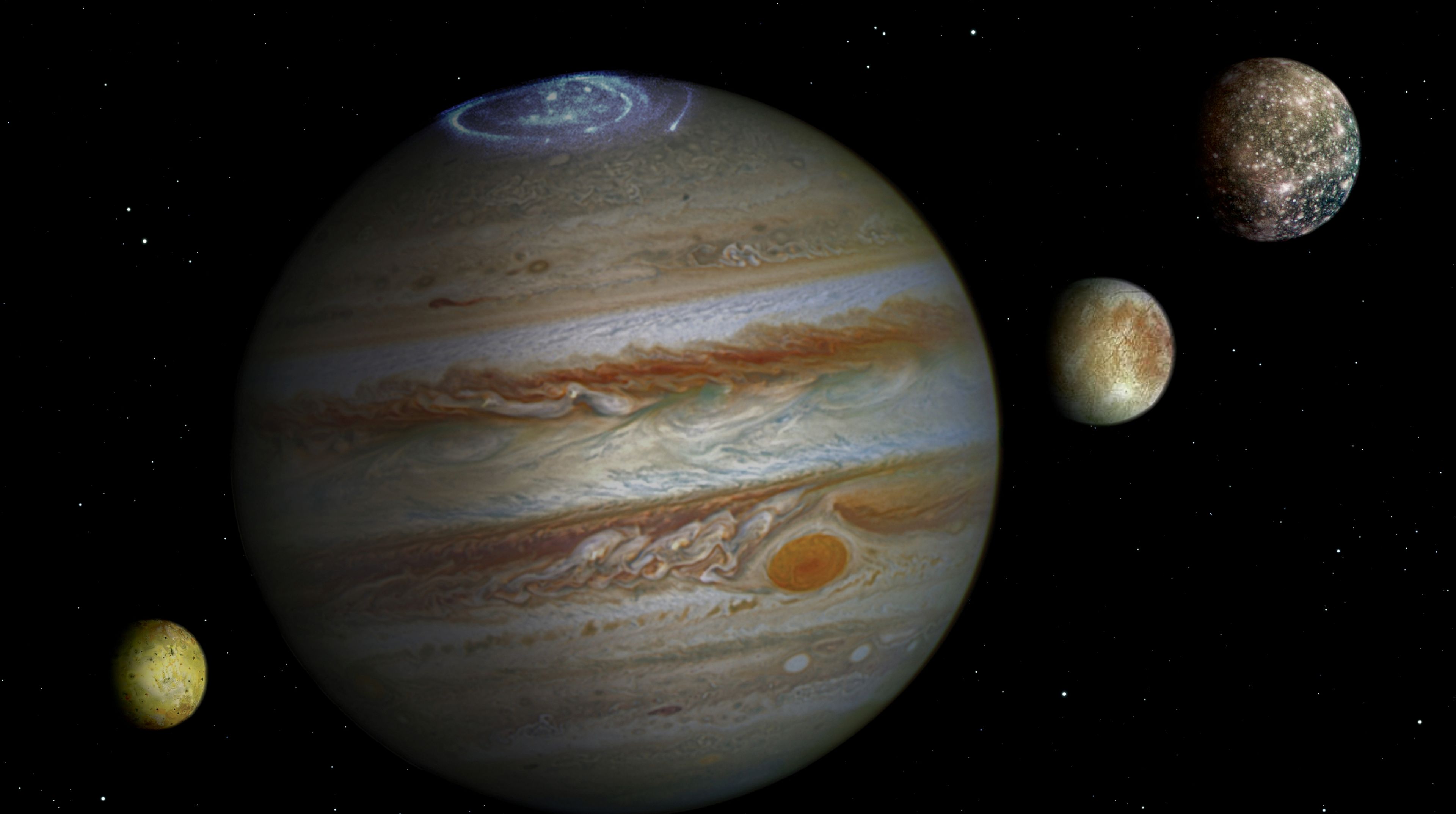 Representación artística de las lunas heladas de Júpiter.