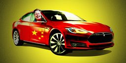 Ilustración que muestra a Elon Musk en un Tesla con el color de la bandera de China.