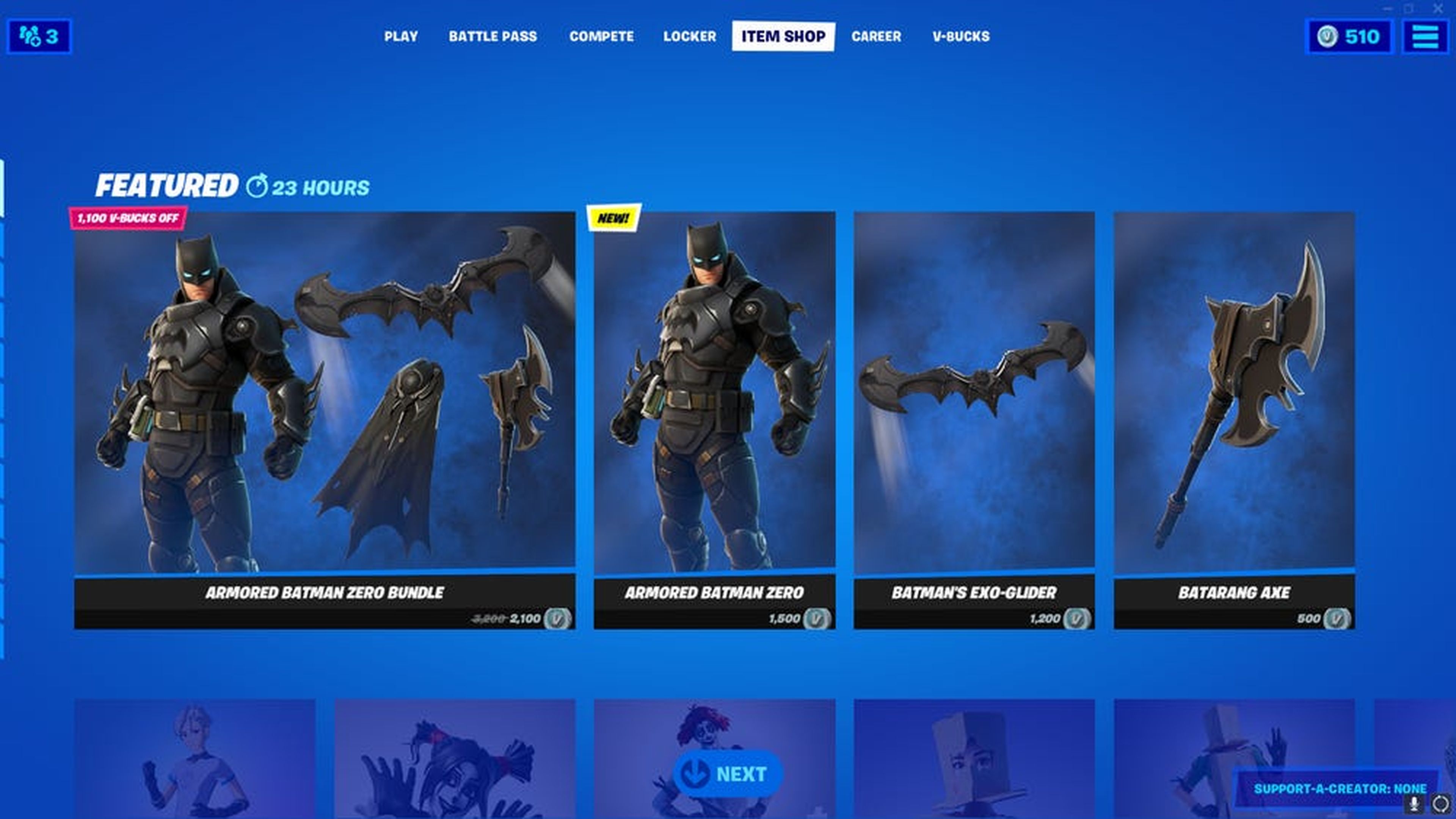 Una imagen del escaparate digital de Fortnite en el juego, con artículos de temática de Batman.